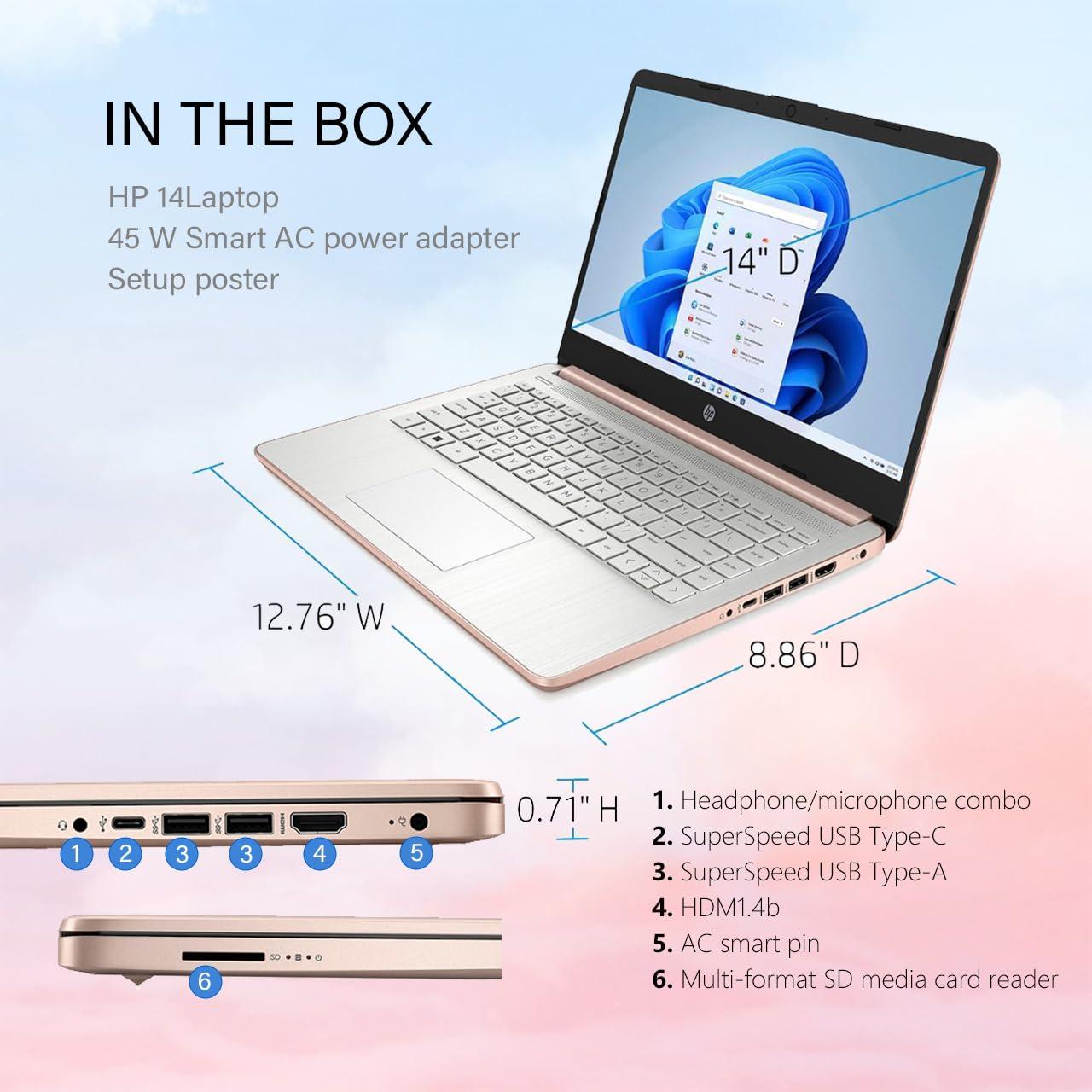 HP HP Stream 14-inch Laptop, Intel Celeron N4120, 32GB RAM, 576GB Storage(64GB eMMC+512GB Micro SD), 14-inch HD Display, Win 11 H in S Mode, One Year of Microsoft 365 (Rose Gold), W/GaLiMu