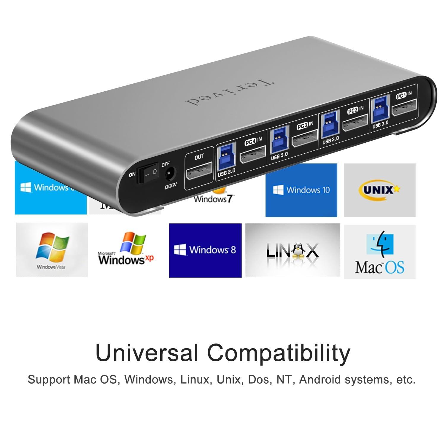 Terived Terived 4 Computers and 1 Monitor DP USB 3.0 KVM Switch 4K@144Hz with Hotkey Switching and Audio Port, Digital Display Aluminum Body Cables inclued