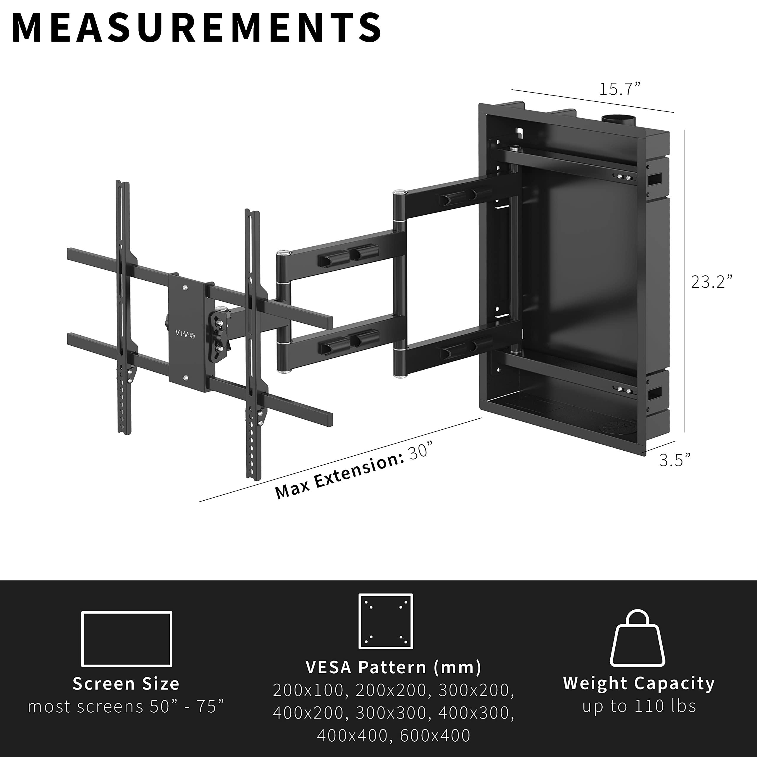 VIVO VIVO Recessed 50 to 75 inch LED LCD TV Wall Mount, Articulating Full Motion in-Wall TV Bracket for Flush Installation, Holds up to 110 lbs, Black, MOUNT-REC01