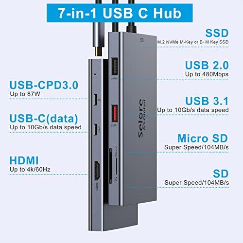 Selore&S-Global USB-C Hub with M.2 NVMe SSD Enclosure, 7-in-1 Docking Station Hybrid Type-C Multiport Adapter Fits 10 Gbps USB 3.1, 100W Power Delivery, 4K HDMI 60Hz, USB2.0, SD/TF Card Readers for Windows, Mac OS