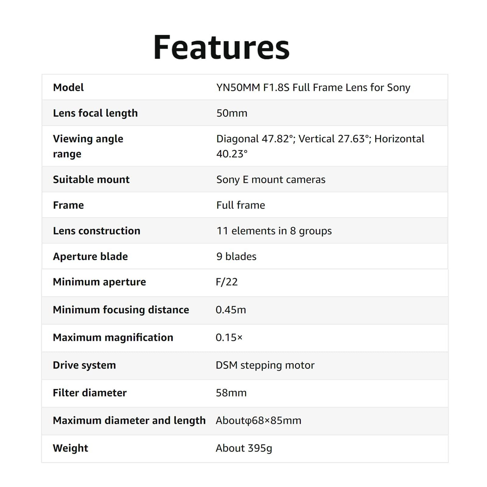YONGNUO Yongnuo YN50MM F1.8S Lens for Sony E Mount, F1.8 Large Aperture Auto Focus, 50mm Full Frame Standard Prime Lens