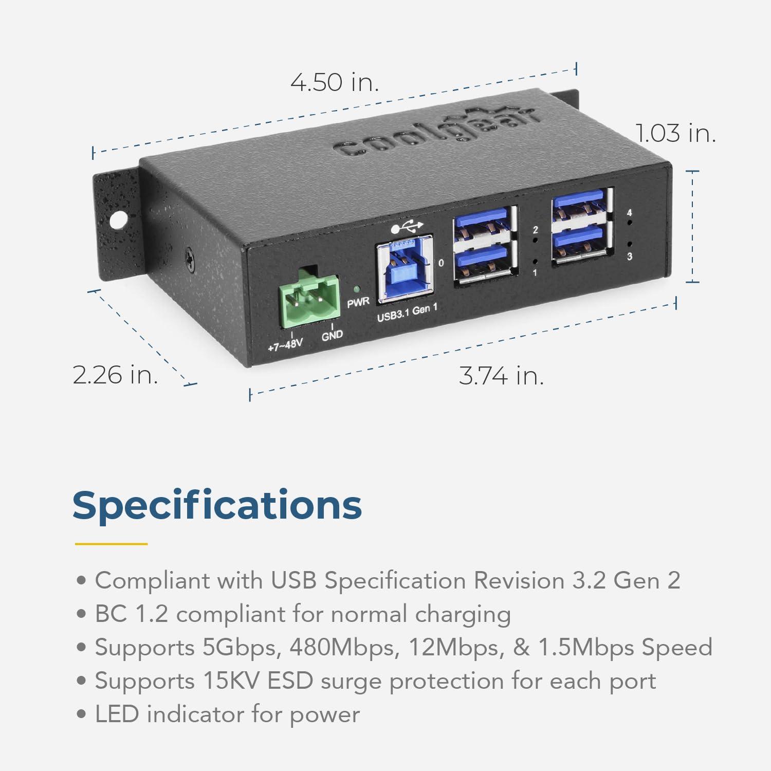 Coolgear Coolgear 4 Port Managed USB 3.2 Gen 1 Hub w/Small Footprint & 15KV ESD Surge Protection