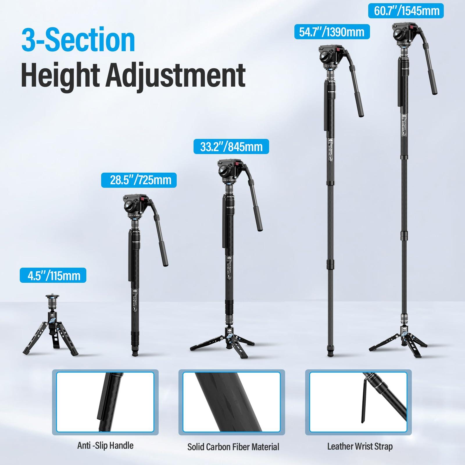 Sirui SIRUI SVM-145 Camera Monopod with Feet, 60.7" Professional Carbon Fiber Monopod with Fluid Video Head, One-Step Height Adjustment, Lightweight Travel Monopod for DSLR Camera, Modular, Max Load 22lbs