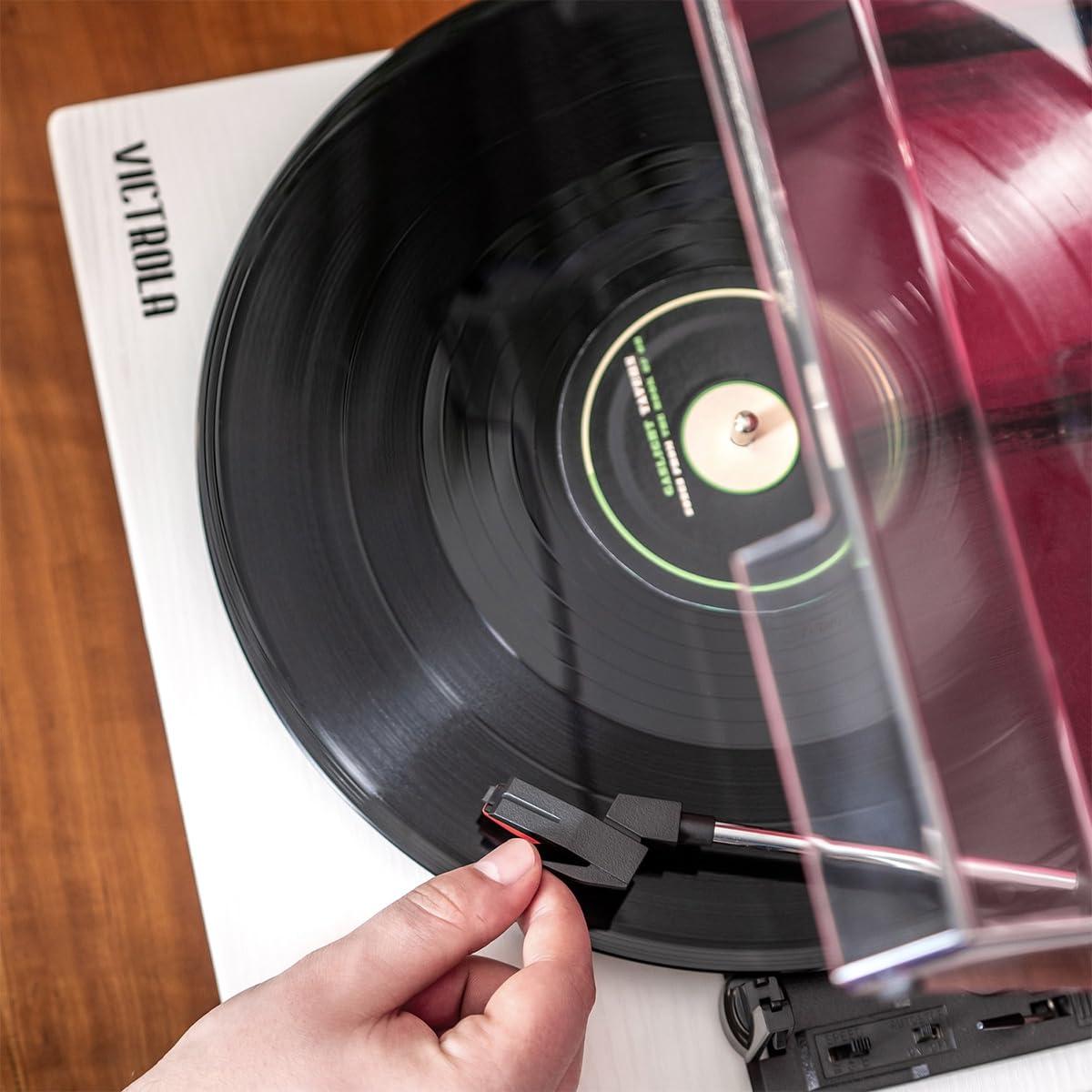 Victrola Victrola Montauk Vinyl Record Player, Natural Wood Finish, 3-Speed Belt Driven Turntable with Stereo Bluetooth Speaker Pair, RCA Output and 3.5mm Headphone Jack, Removable Dust Cover