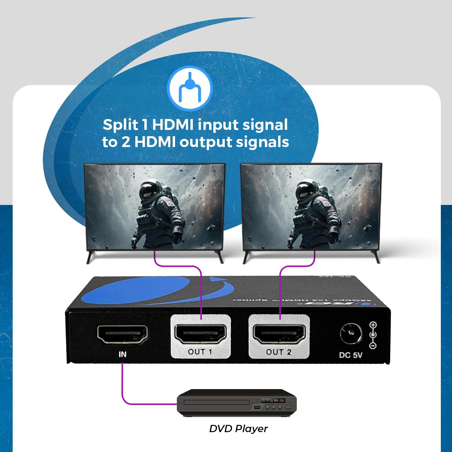 OREI OREI 8K HDMI Splitter 1 in 2 Out, Duplicate/Mirror HDMI Signal UltraHD Supports Upto HDMI 2.1 Splitter 4K@120Hz EDID Management HDCP 2.3 - BK-102