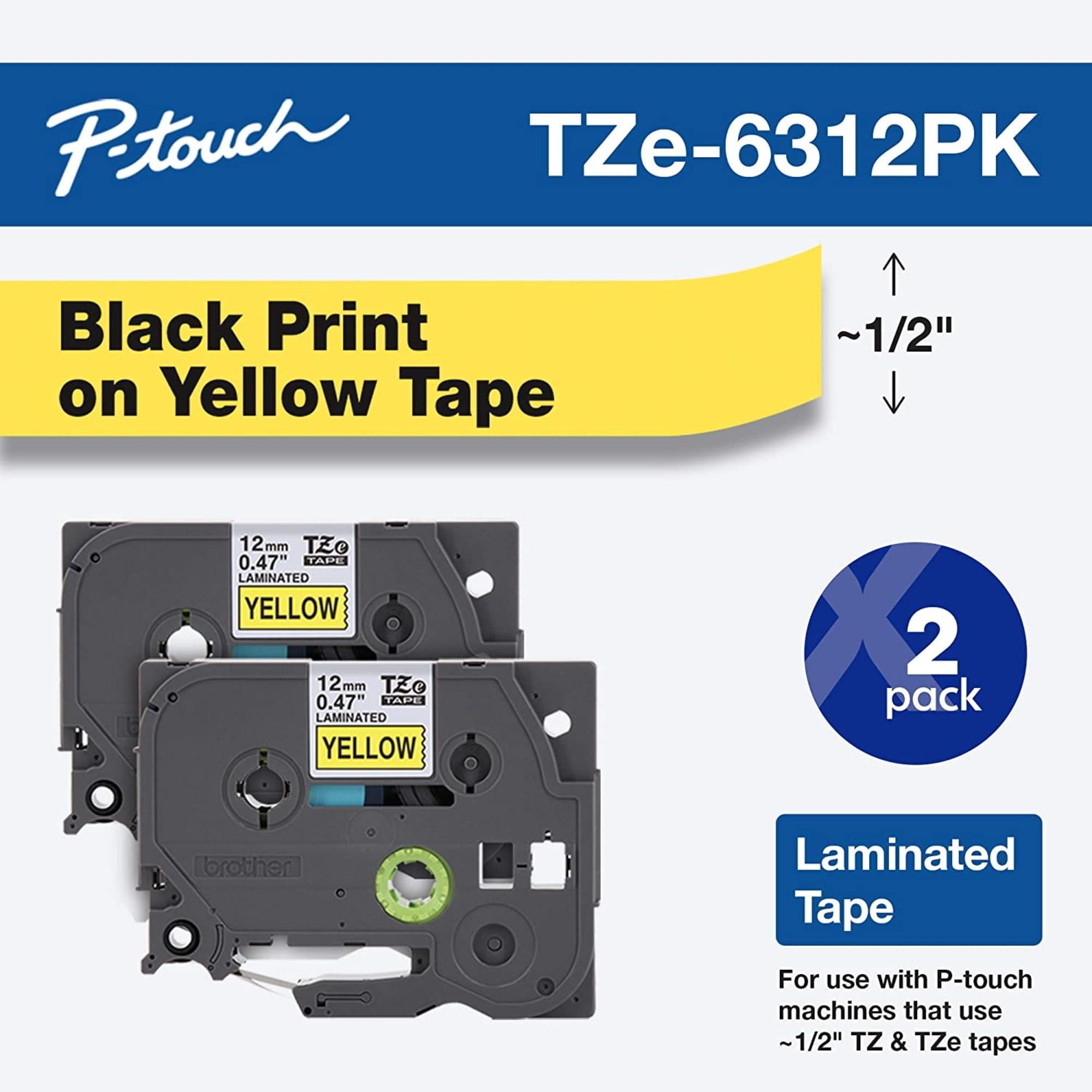 Brother Brother Genuine P-Touch, TZe-6312Pk Laminated Label Tape, " (12mm) x 26.2" (8M), Black on Yellow, Pack Of 2-Pack