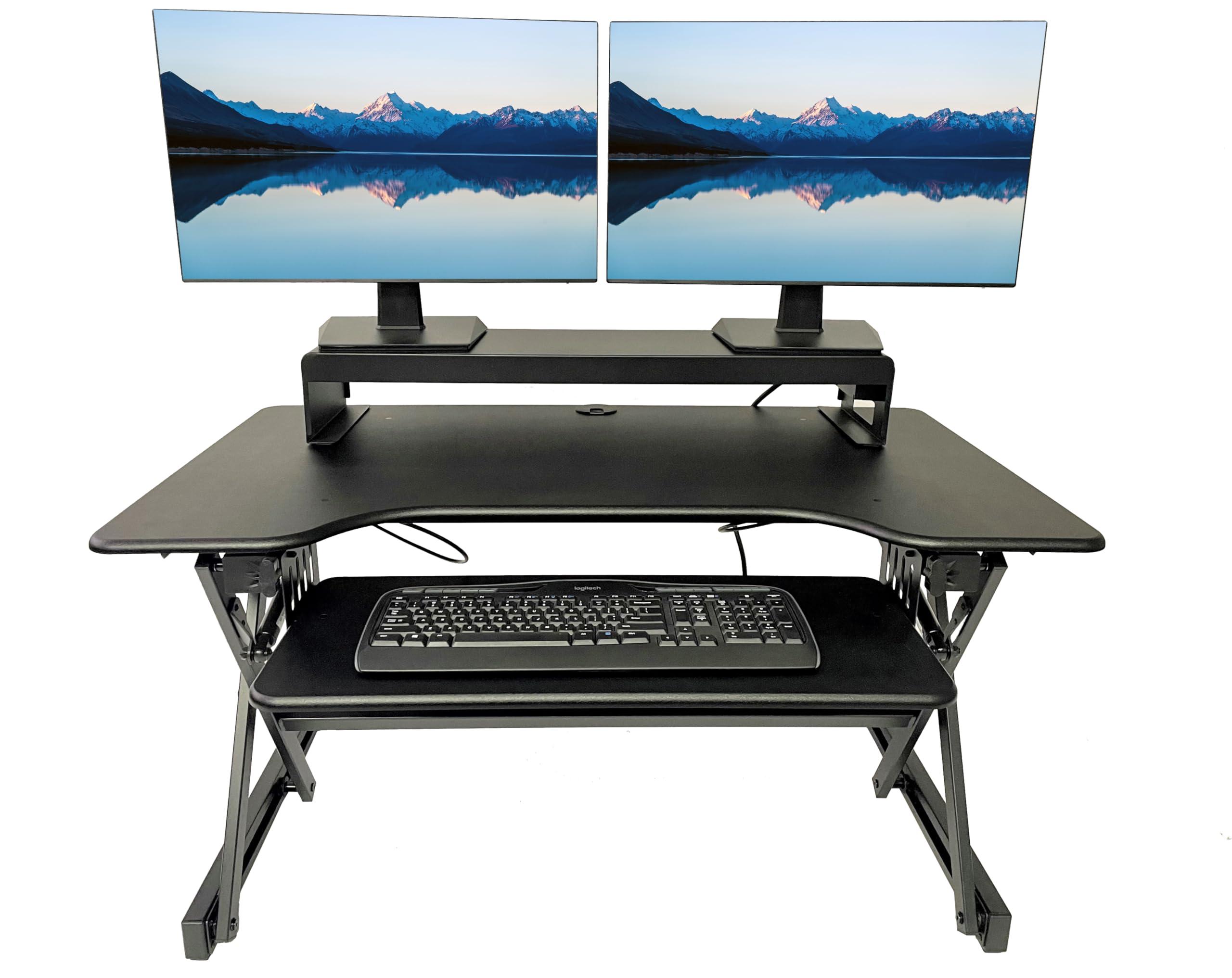 Rocelco Rocelco 40\" Height Adjustable Standing Desk Converter with AC Outlet USB Charger and Dual Monitor Stand - Tabletop Riser Computer Workstation - Sliding Keyboard Tray - Black (R DADRB-40-ACUSB-DMS)