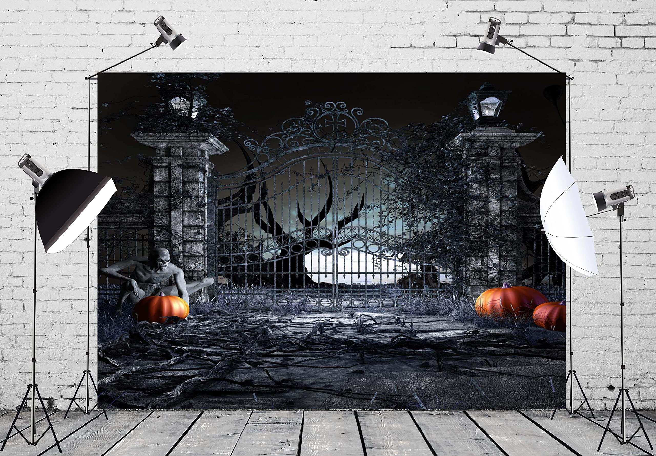 BELECO BELECO 7x5ft Fabric Halloween Backdrops for Photography Horror Night Creepy Graveyard Gate with Zombie, Pumpkins Ghost Background for Halloween Party Decorations Banner Photo Studio Booth Props