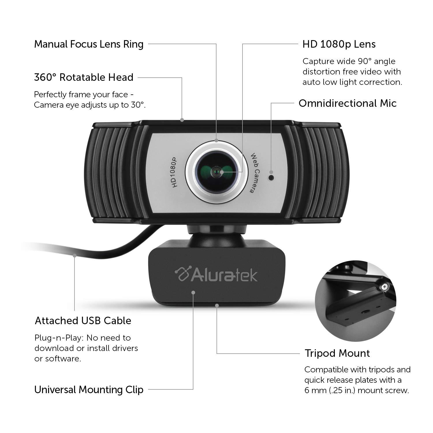 Aluratek Aluratek HD 1080P Video Webcam (AWC04F) Full HD Webcam with Built-in Microphone, Autofocus, and Adjustable Clip Perfect for Streaming, Video Calls, and Online Meetings Video and Audio
