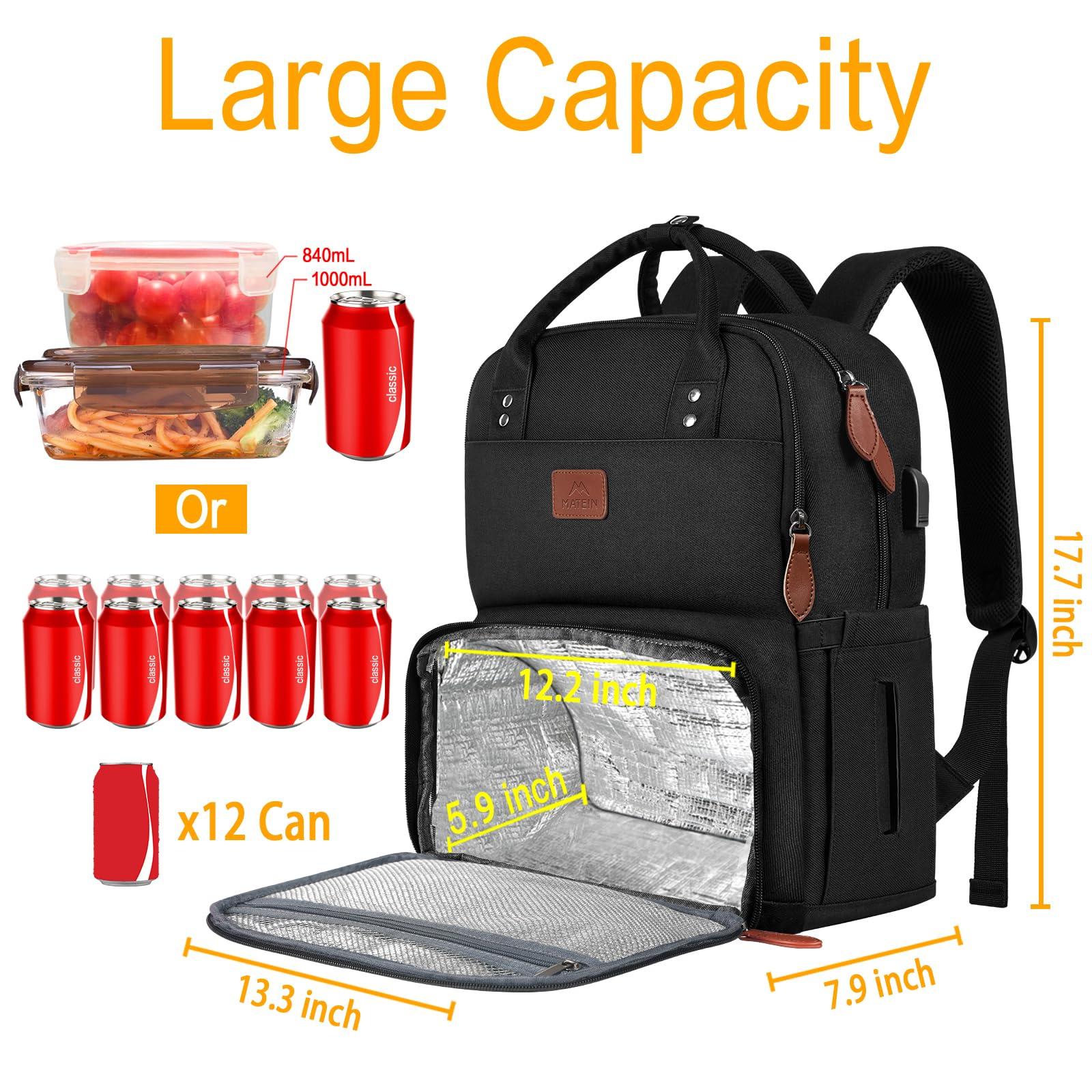 MATEIN MATEIN 17 Inches Lunch Backpack, Extra Large Lunch Box with Insulated Cooler Compartment, Water Resistant Laptop Backpack with USB Charging Port for College Work Picnic Beaches