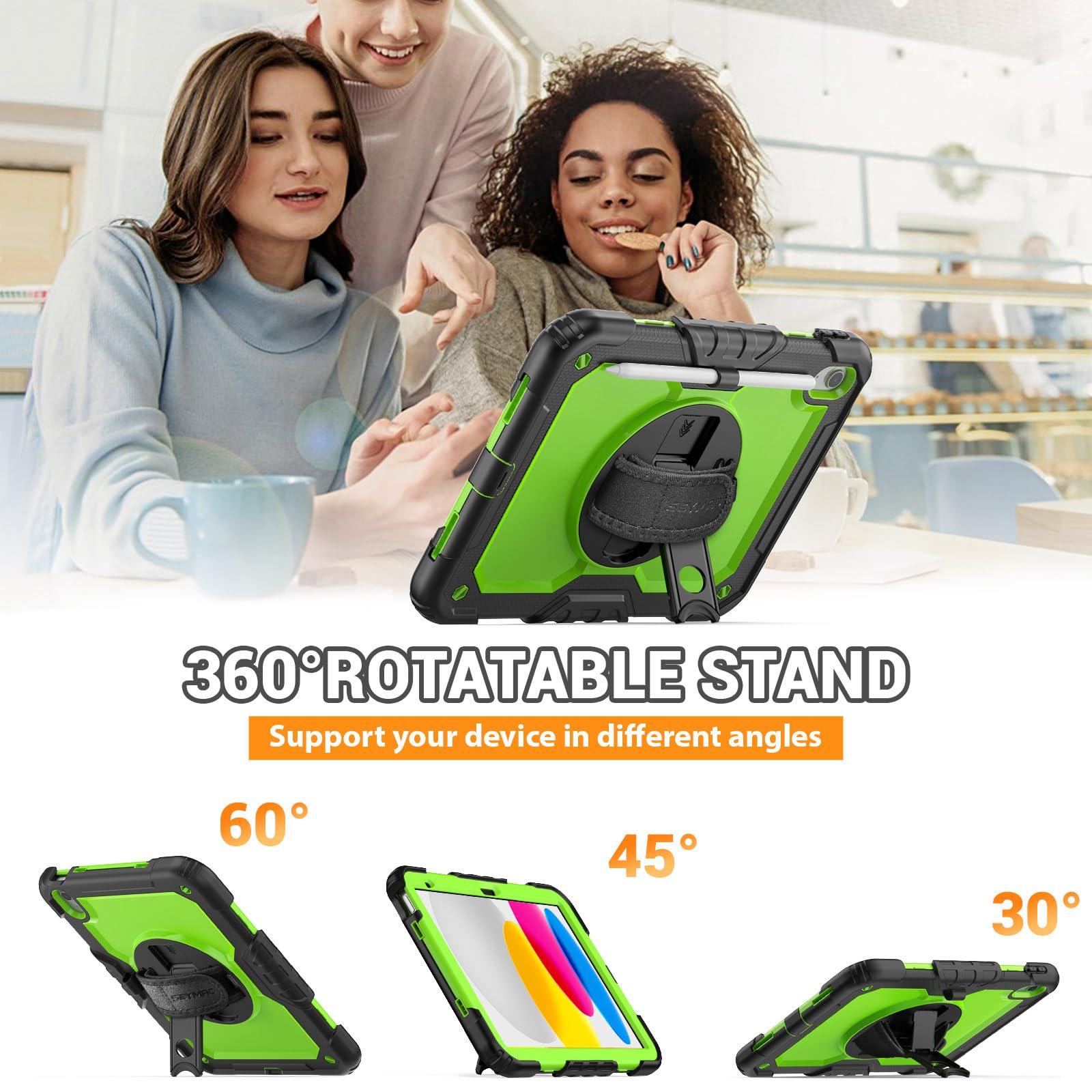 SEYMAC SEYMAC Case for iPad (A16) 11th/10th Generation 2025/2022 (11/10.9), Sturdy Heavy Duty Full-Body Shockproof Protective Case with Screen Protector, Rotating Stand, Hand/Shoulder Strap, Black/Green