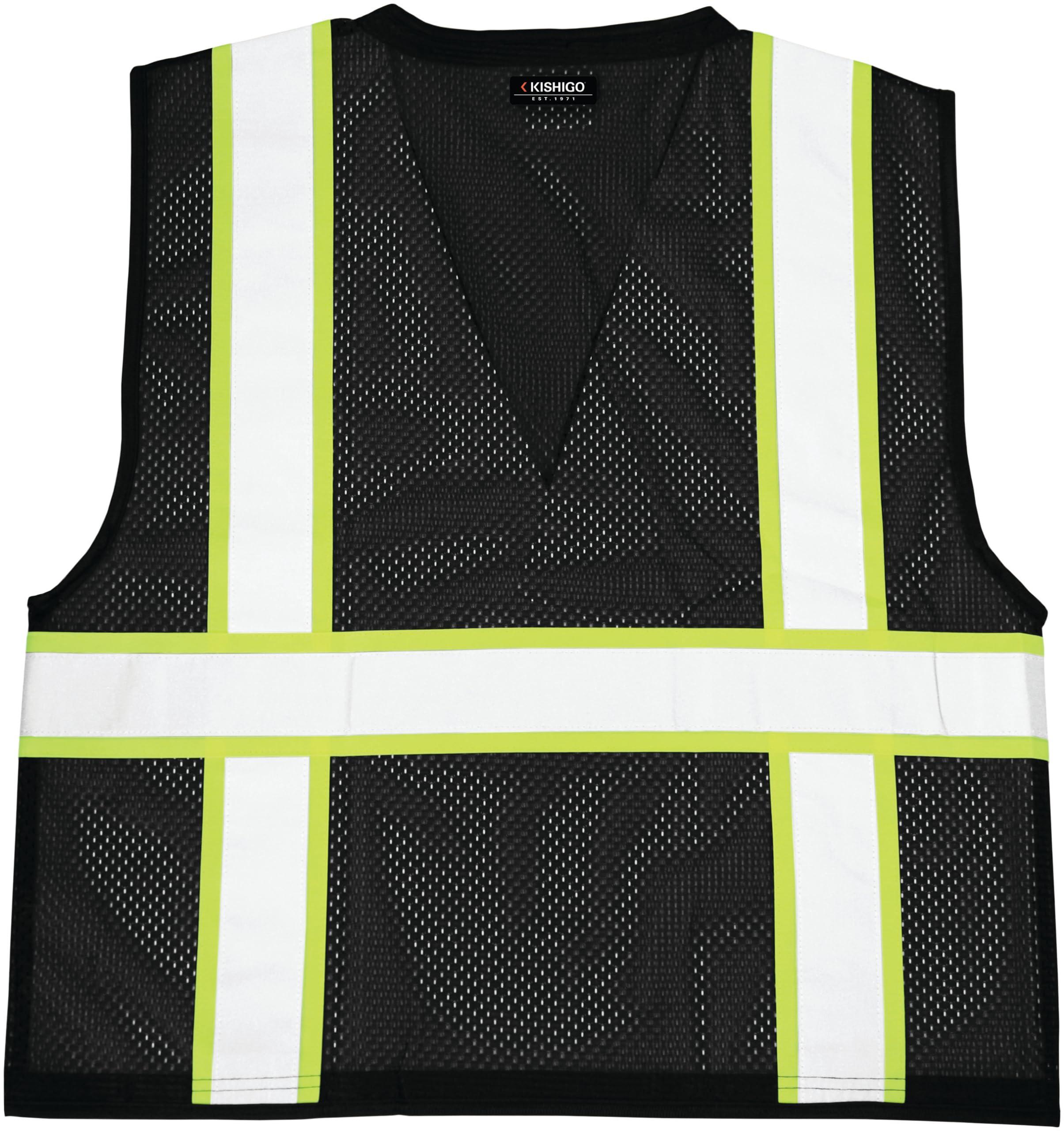ML Kishigo Kishigo Black Enhanced Visibility Unisex Vest B100, Multi Pocket Mesh Hi-Vis Vest, Ultra-Cool Polyester Material, 6 Pockets, Zipper Front Closure, Construction Work Safety Vest (Black EV, LG-XL)