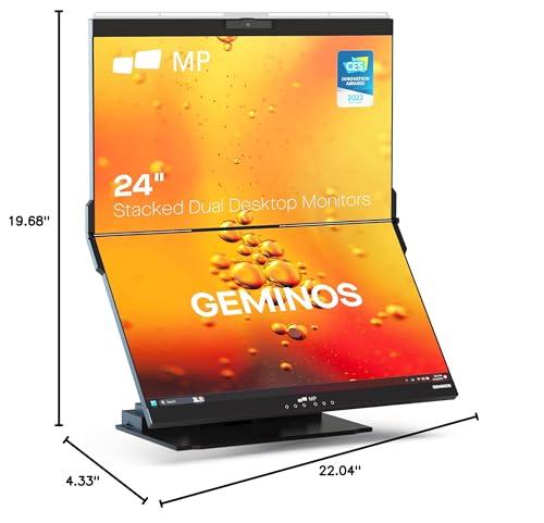 MP Mobile Pixels Geminos, Dual 24" IPS Stacked Computer Monitors with 65W USB-C Charging, with Adjustable Viewing Angle and 1080p Webcam and 3W Speakers, Multiport Docking Station (Desktop Monitor)