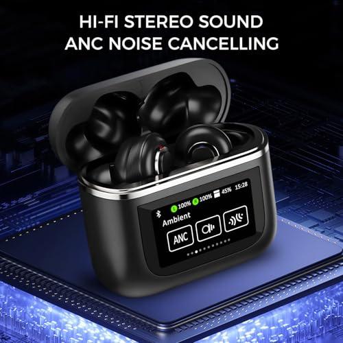 Alpha Digital Alpha Digital Wireless Earbuds with LCD Touch Screen, Bluetooth 5.3, Noise Cancelling, 1.47" Screen, 32H Playback, IP4 Waterproof, Lightweight, ANC & Transparency Mode, 450mAh Wireless Charging Case