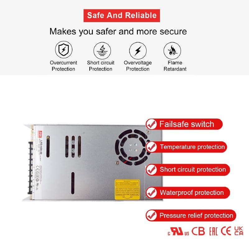 Generic Mean Well LRS-600-48 48V 600W Single Output Switching Power Supply, 90-302VAC/255-370VDC Input, 12.5A, 1U Low Profile, 5G Vibration Resistant, Industrial Automation, UL/BS/IEC 62368-1 Certified