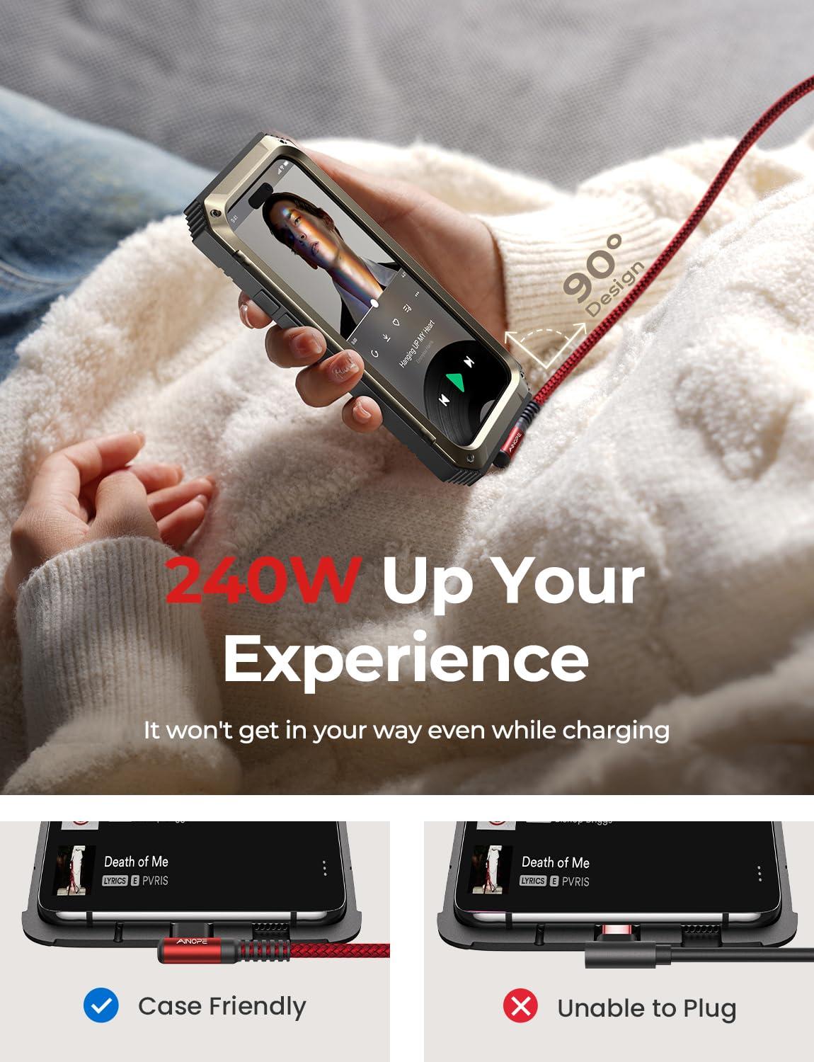 AINOPE AINOPE 240W High Speed USB C Cable [10ft] USBC to USBC Cable, Right Angle C to C Cable Fast Charging Compatible with iPhone 16 Charger Cord, iPad Pro,MacBook Air 2024 M4,Samsung Galaxy S24, Red