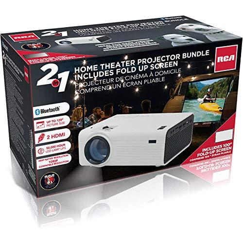 RCA RCA PROJECTOR WITH FREE 100\" FOLDABLE SCREEN AND BLUETOOTH | Portable Indoor & Outdoor Projector with 150 Inch Projection | Compatible with HDMI, USB, Roku, iPhone, Android, & Apple TV