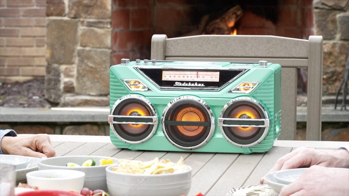 Studebaker Retro Studebaker Avanti Stereo Boombox with CD, FM Stereo Radio, Bluetooth Receive and Transmit, LED Light Show and 15W Subwoofer for High Power Bass (Teal)
