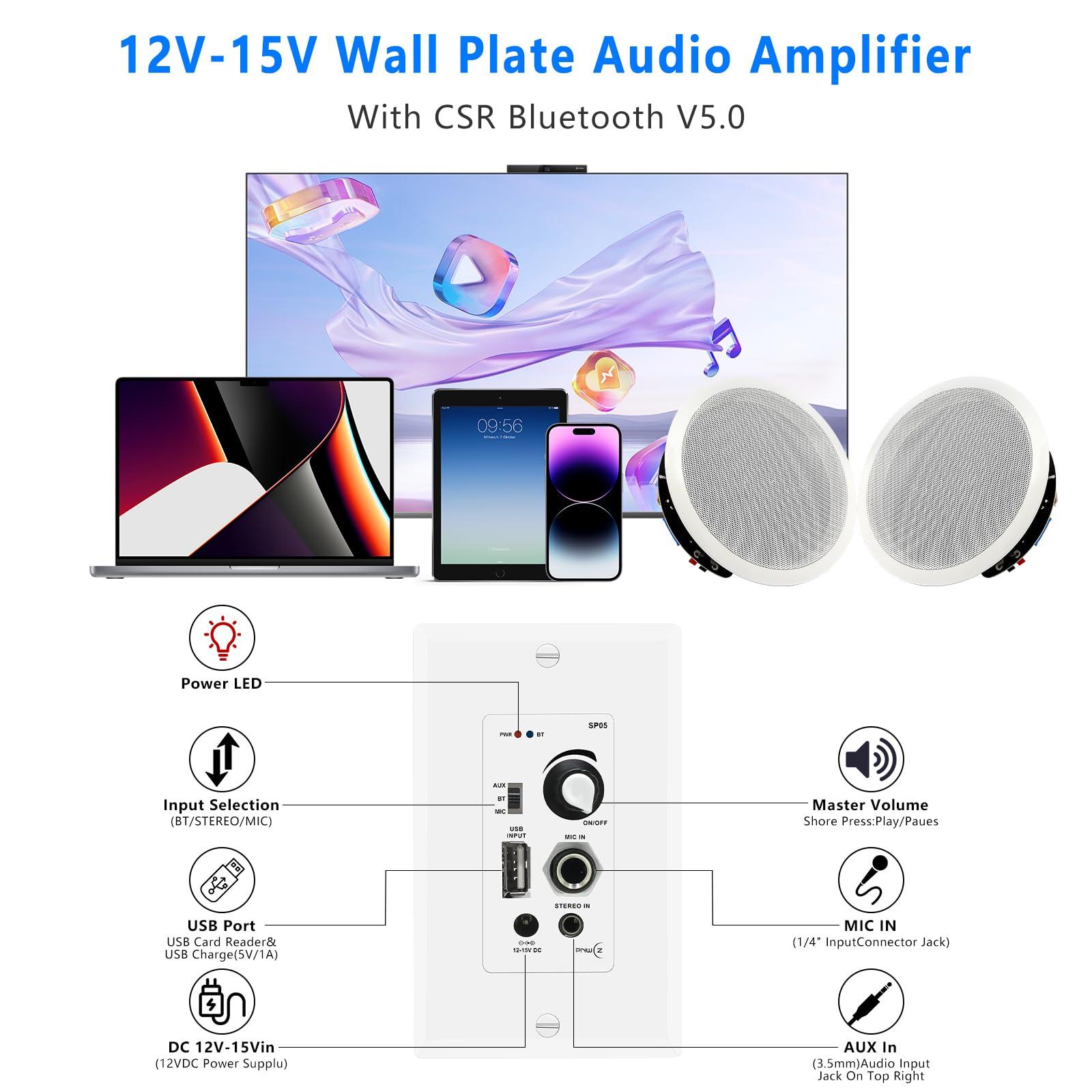 PNWCZ PNWCZ 6.5\'\' Bluetooth in Ceiling Speakers with Wall Amplifier Receiver 600W Flush Mount Ceiling & in-Wall Speaker System for Home Theater Office Bathroom Living Room Kitchen(2Pairs)