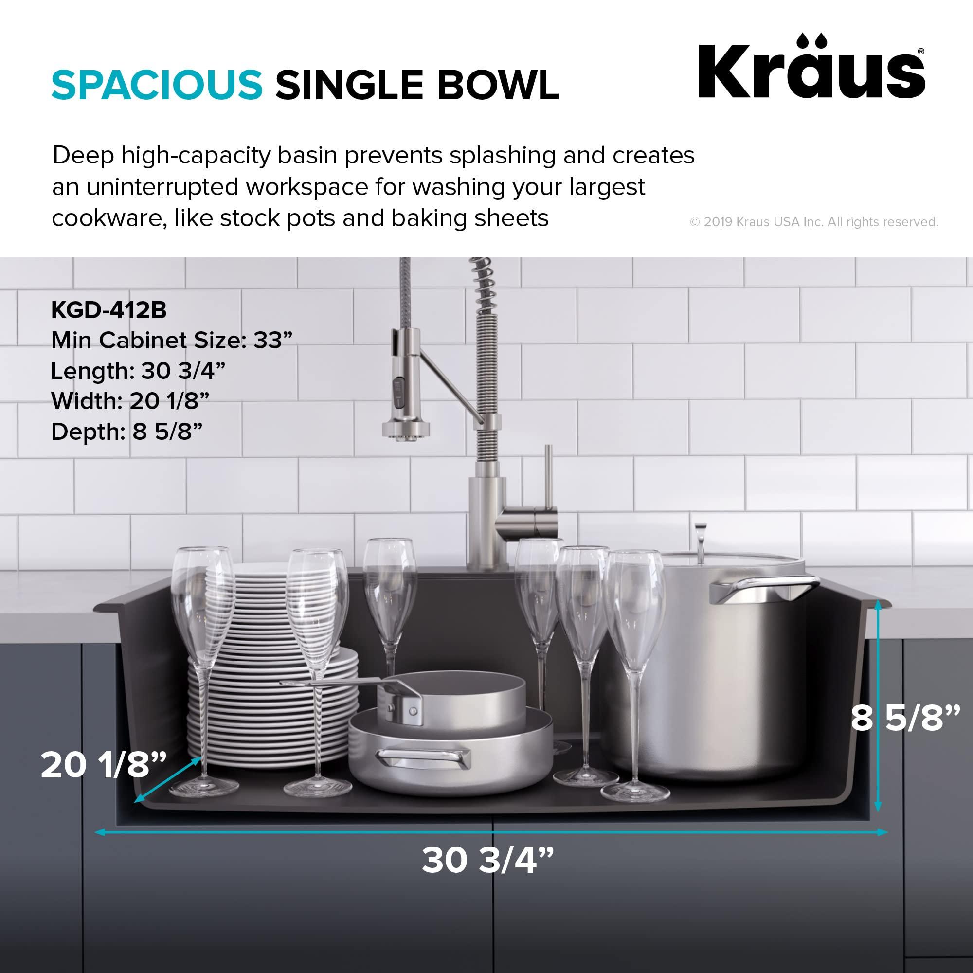 Kraus KRAUS Quarza 31-inch Drop-In/Undermount Single Bowl Granite Kitchen Sink in Black Onyx, KGD-412B