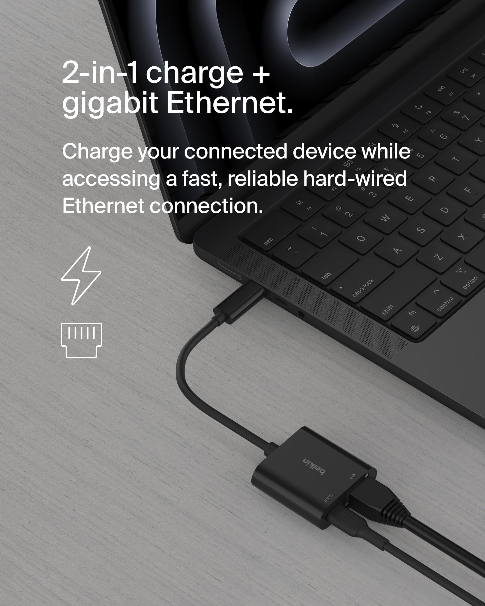 Belkin Belkin Connect USB-C to Ethernet + Charge Adapter 100W w/Gigabit Ethernet Port and USB-C Port - 10/100/1000 Mbps for Fast Internet Connection - Compatible with iPhone 16, Samsung Galaxy S25, & More