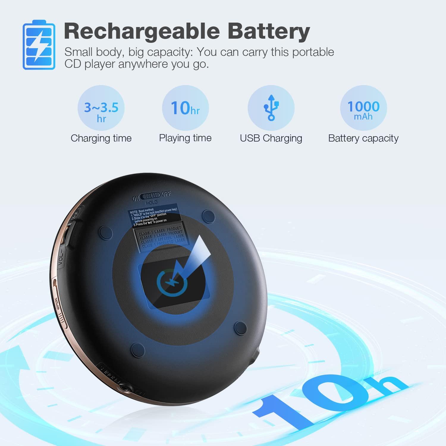 HOTT HOTT CD711T Bluetooth Rechargeable Portable CD Player for Home Travel and Car with Stereo Headphones and, Anti Shock Protection-Black