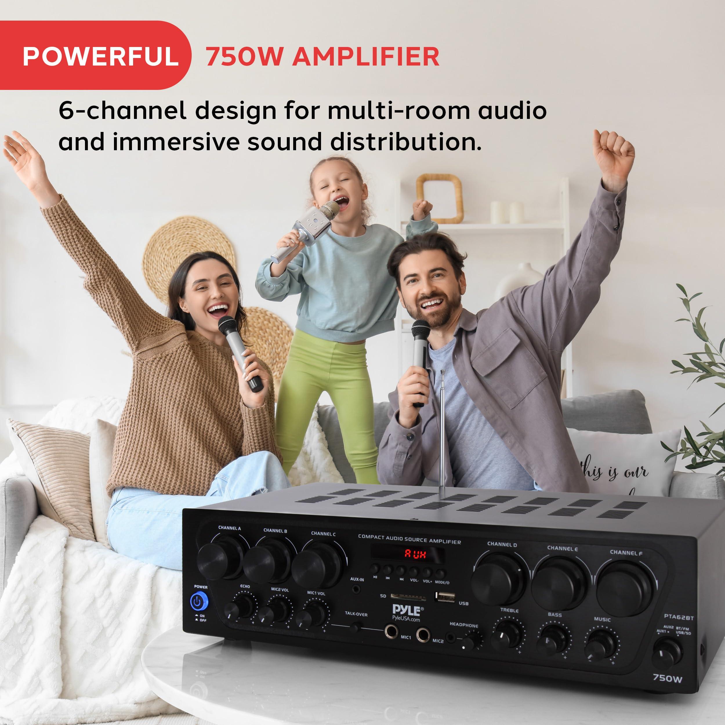 Pyle Pyle Wireless Bluetooth Home Audio Amplifier System-Upgraded 6 Channel 750 Watt Sound Power Stereo Receiver w/USB, Micro SD, Headphone,2 Microphone Input w/Echo, Talkover for PA - PTA62BT.5