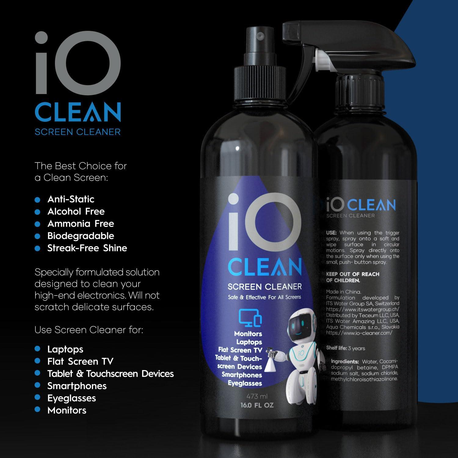 iO CLEAN Screen Cleaner Spray (16oz - 473ml) Best Large Cleaning Kit for LCD LED OLED TV, Smartphone, iPad, Laptop, Touchscreen, Computer Monitor, Electronic Devices, 3 Microfiber Cloths and 2 Nozzles