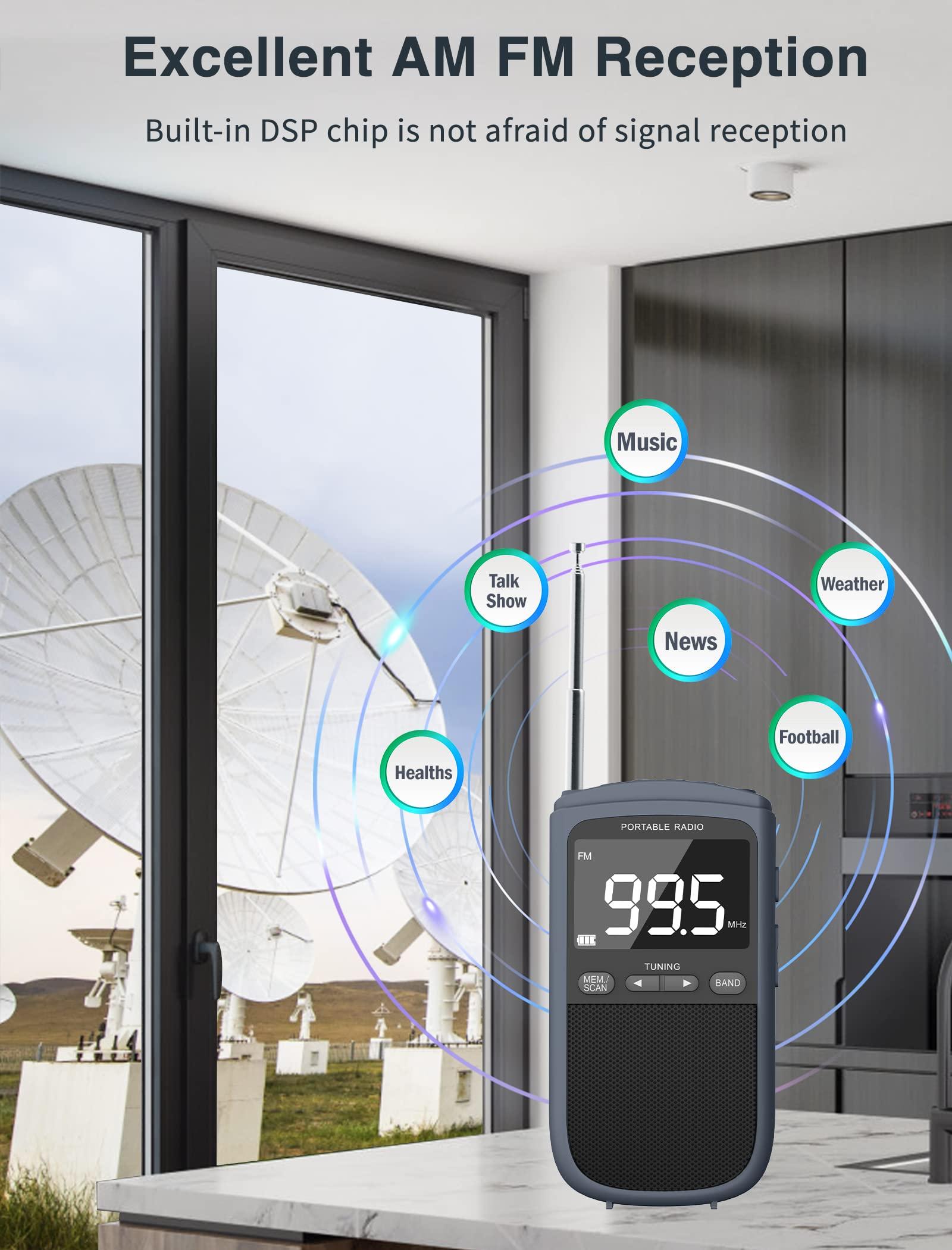 Jazmm AM FM Walkman Radio:900mAh Rechargeable Portable Transistor Pocket Radio with Best Reception Digital Tuning, LCD Screen,Stereo Earphone Jack, Sleep Timer and Alarm Clock for Jogging,Walking Grey