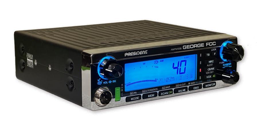 President President George FCC AM/FM/SSB CB Radio, CTCSS/DCS, Large 7 Color LCD Display, Weather Channel/Alert, ASC, VOX, Scan Skip, USB Port, NRC, Automatic SWR, PA, SWR and Voltage Protection