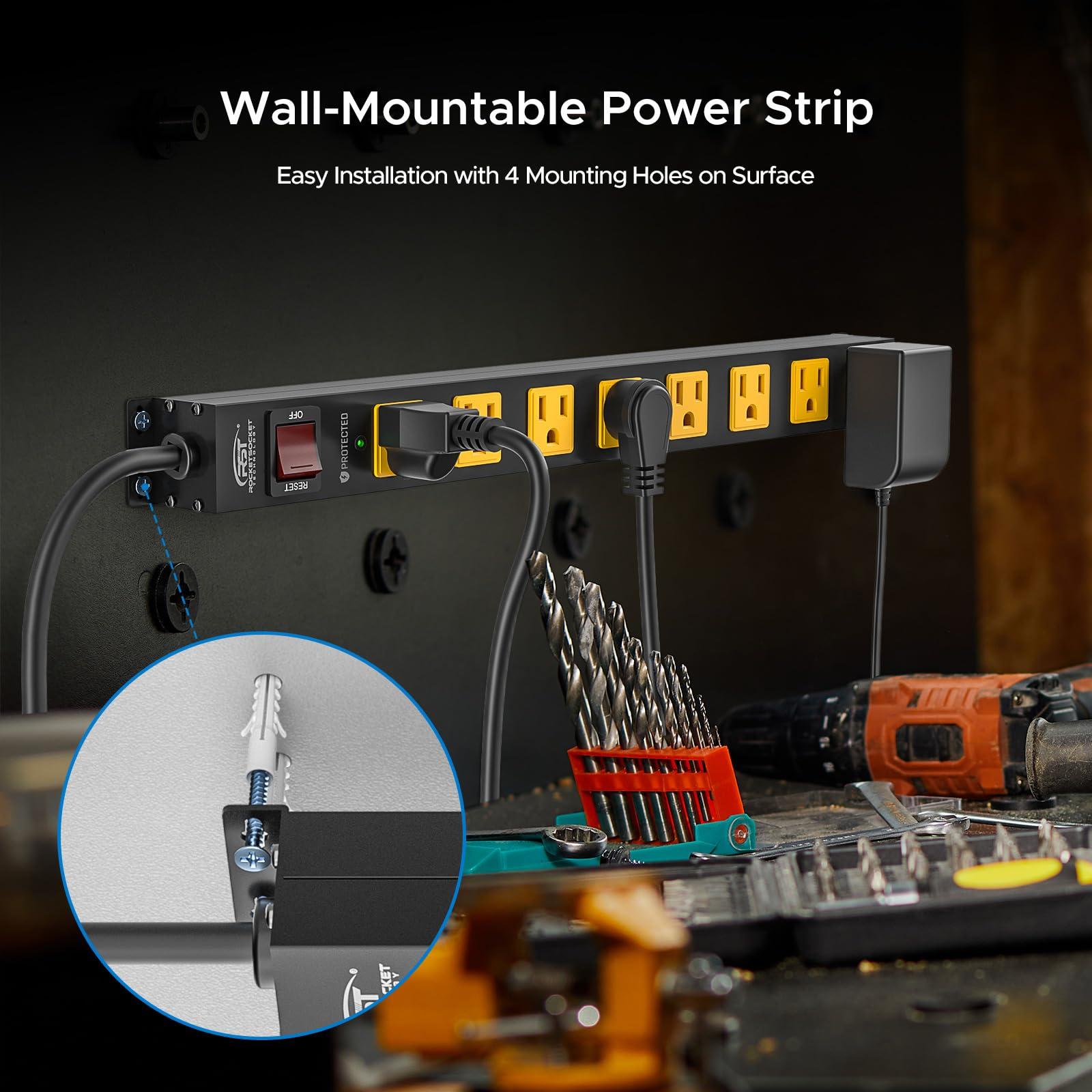CRST CRST 8 Outlet Metal Long Power Strip,Heavy Duty Surge Protector 2100J, 6 FT Cord Mountable Wide Spaced Workshop Garage Power Strip, 15amp/1875W