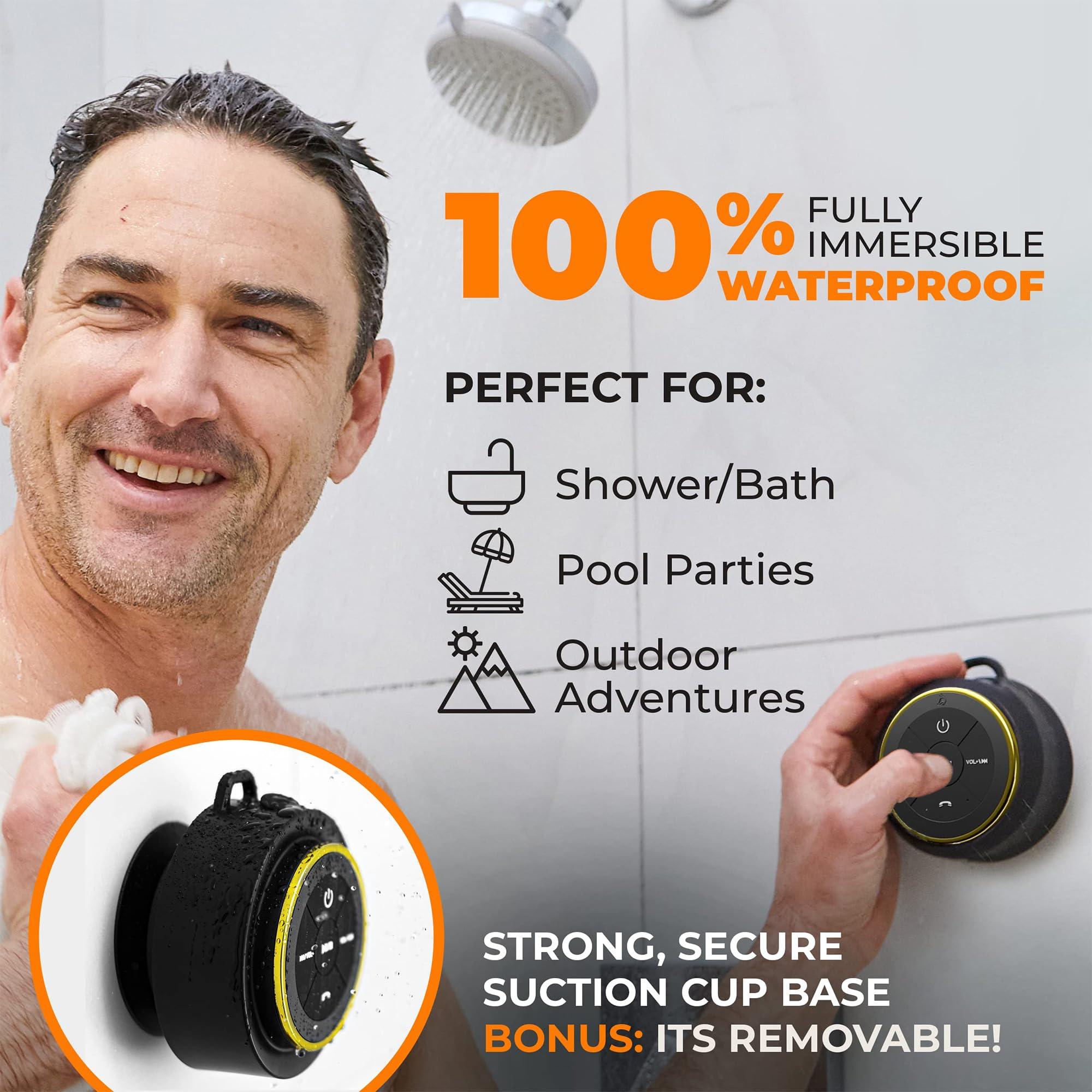 iFox Creations iFox Portable Bluetooth Shower Speaker, IPX7 Waterproof Outdoor Wireless Speaker, Built-in Mic, Carabiner, Beach, Camping, Hiking, Pool, Great Gift, Black/Gold