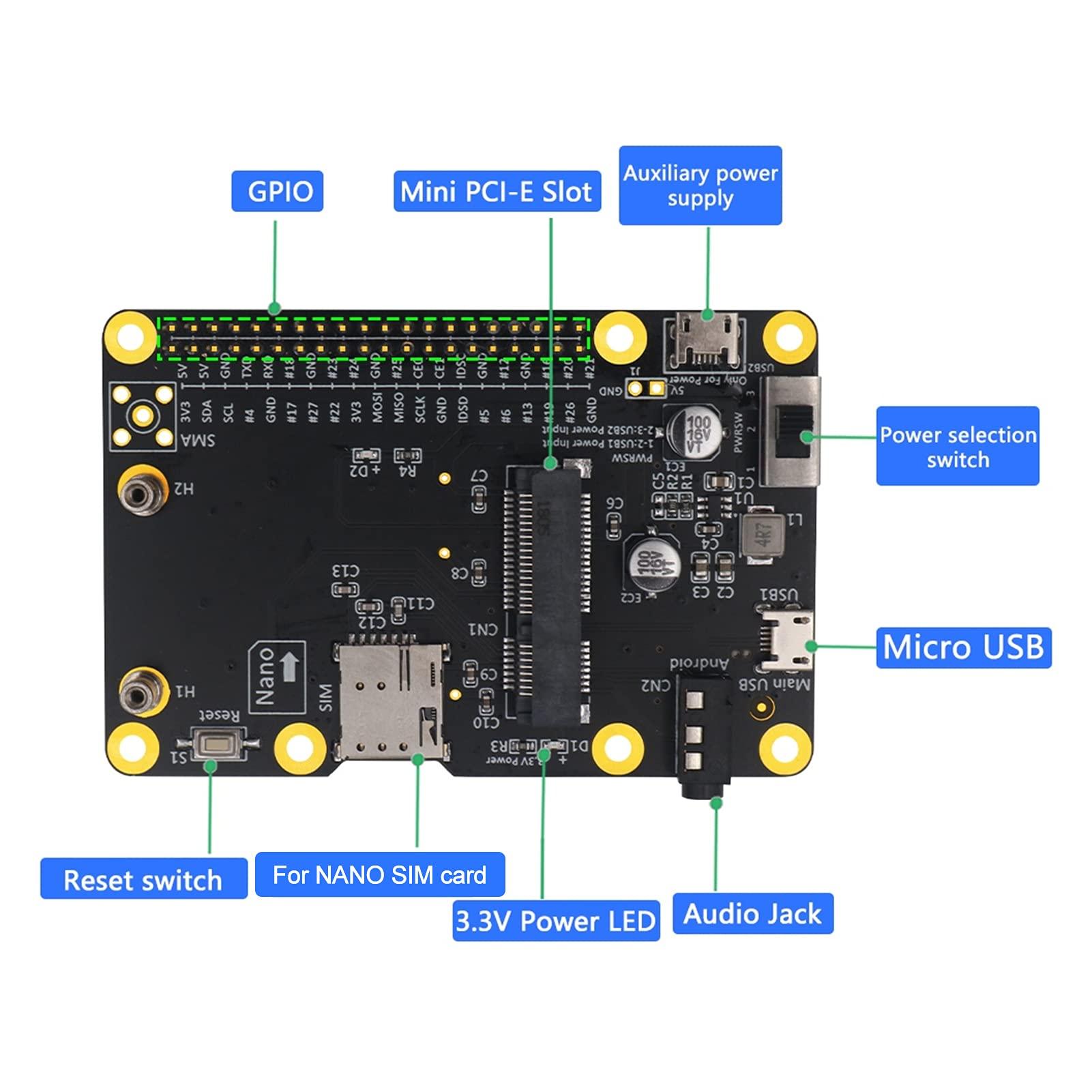 Sanpyl 3G 4G LTE Base Hat Module, PC Computer Board to Micro USB with SIM Card, Support 3Amps, Mini PCI E Socket, for Raspberry Pi 4 3 2