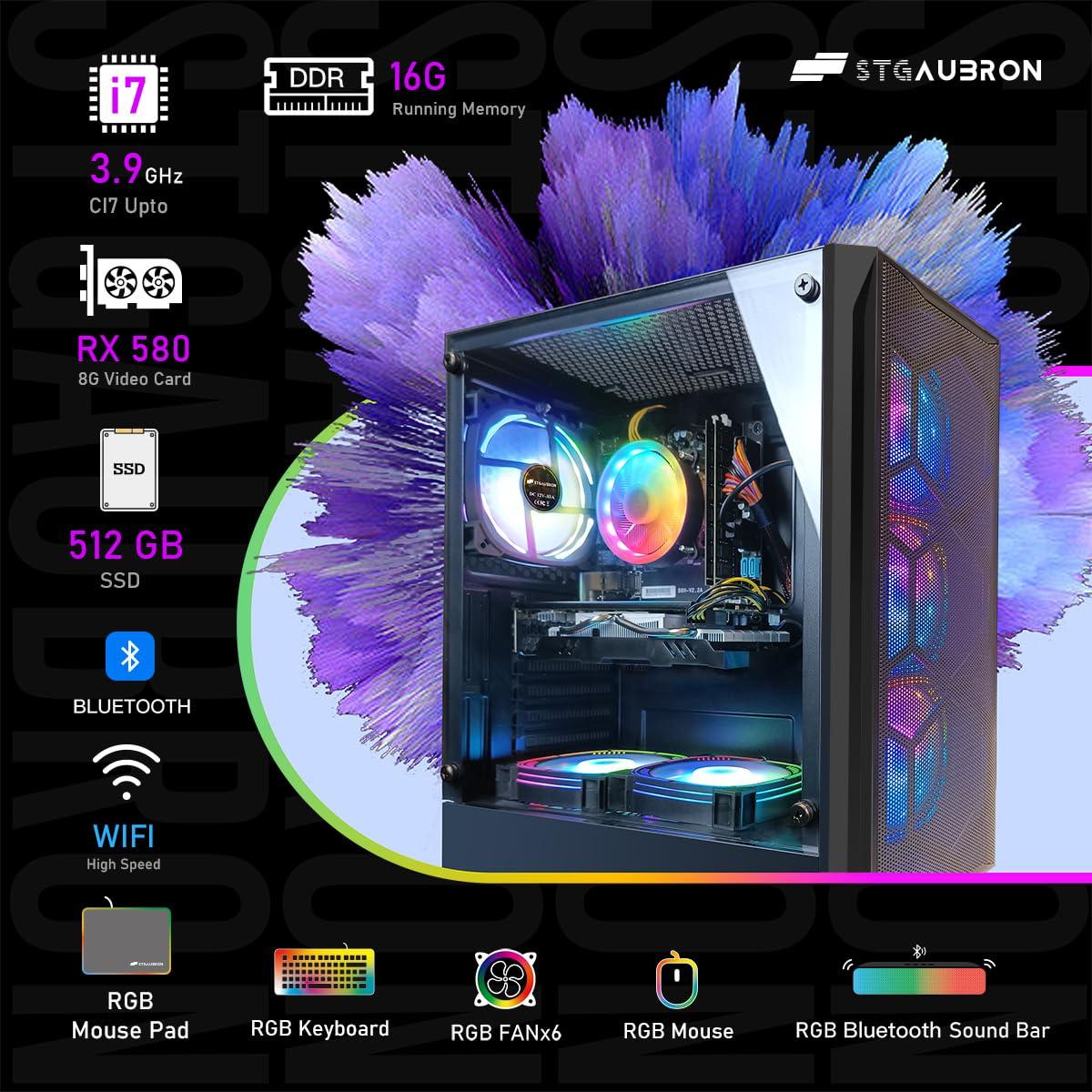 STGAubron STGAubron Gaming PC Desktop Computer, Intel Core I7 up to 3.9 GHz, Radeon RX 580 8G, 16G RAM, 512G SSD, WiFi, Bluetooth 5.0, RGB Fan x6, RGB BT Sound Bar, Windows 10 Home
