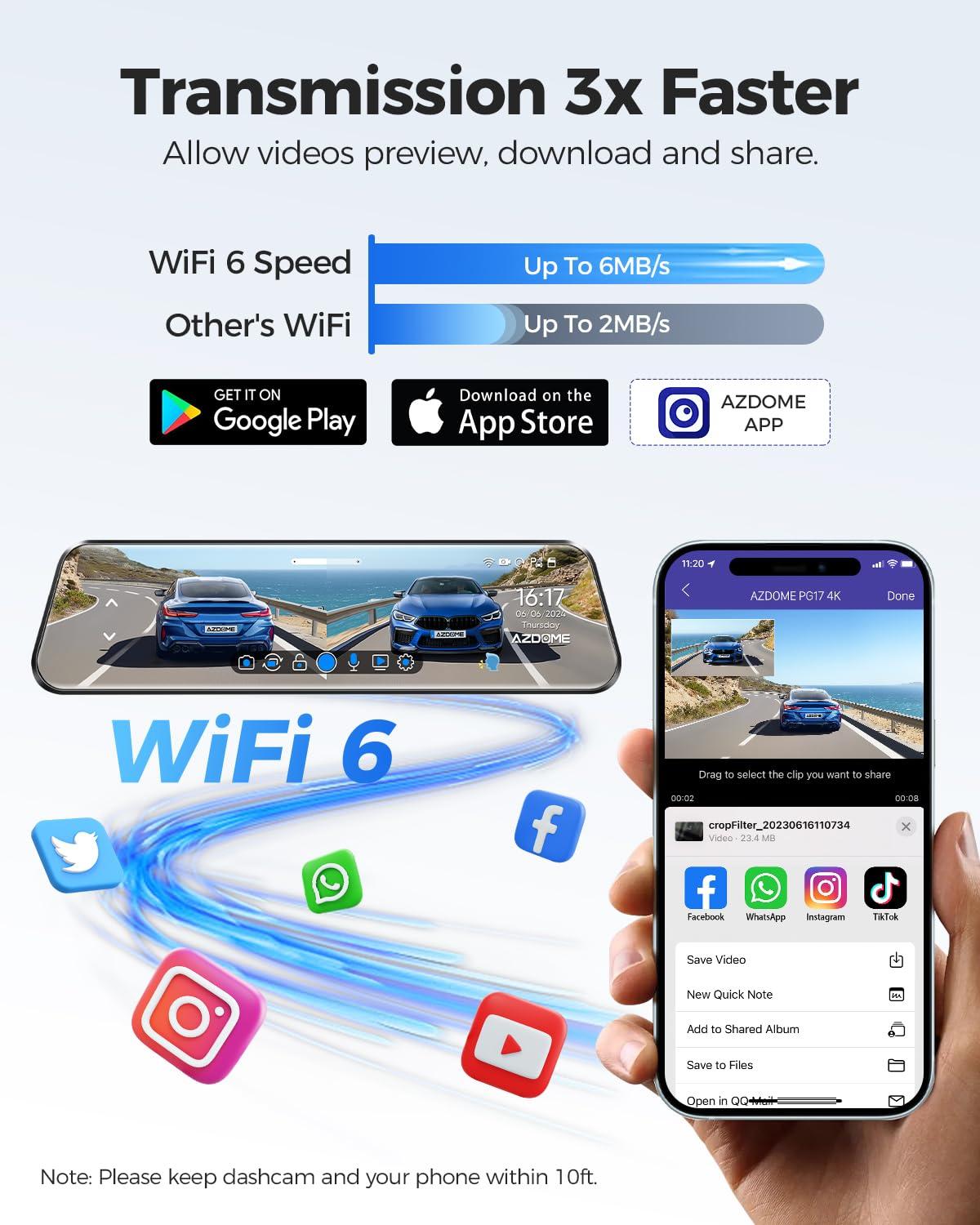 AZDOME AZDOME PG17 4K 12" Mirror Dash Cam Front and Rear, WiFi Rear View Mirror Camera with 64GB Card, Waterproof 1080P Rear Camera, GPS, Voice Control, WDR Night Vision, Driving Assistant