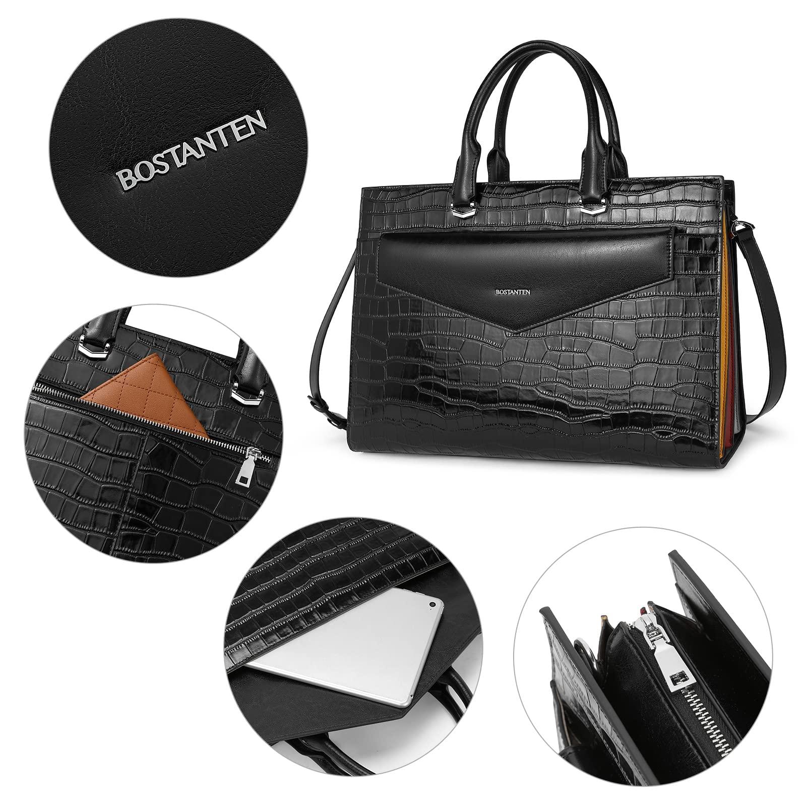 BOSTANTEN BOSTANTEN Laptop Briefcase for Women 15.6 Inch Tote Bag Genuine Leather Handbag Crocodile Pattern Work Bussiness Bag