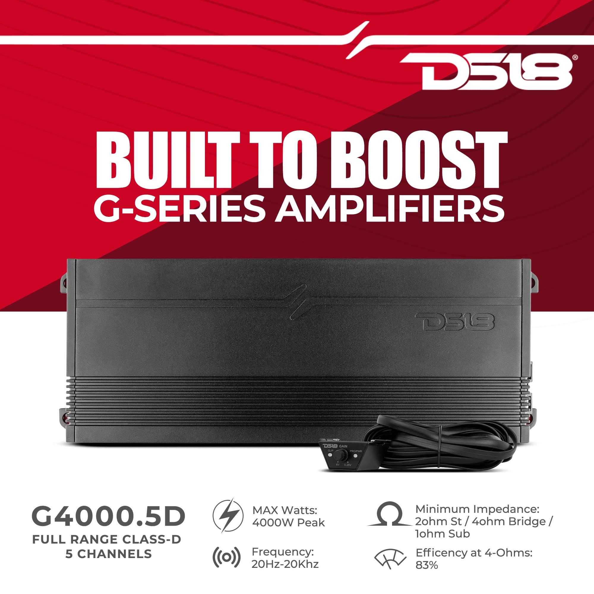 DS18 DS18 G4000.5D GEN-X Full-Range Class D 5-Channel Amplifier 4000 Watts Max Power 2/4 Ohm Stable, Bridgeable, High/Low Pass Filter - BASS Knob Included - Compact Amp for Speakers in Car Audio System