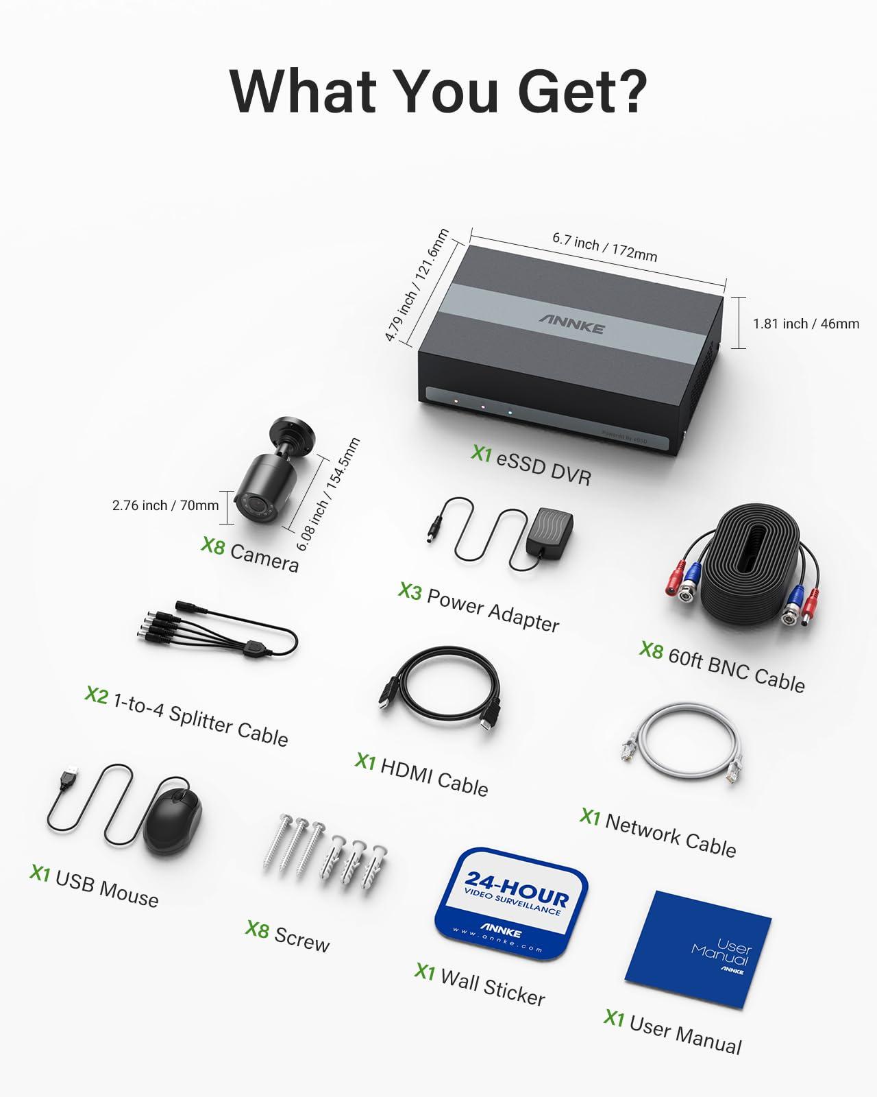 ANNKE ANNKE 8 Channel Security Camera System, 3K Lite DVR Recorder with 1TB eSSD, 8X 2MP IP66 Wired Black Cams, 3.6mm Lens, 100ft Night Vision, AI Motion Detection, Easy Remote Access, Smart Playback