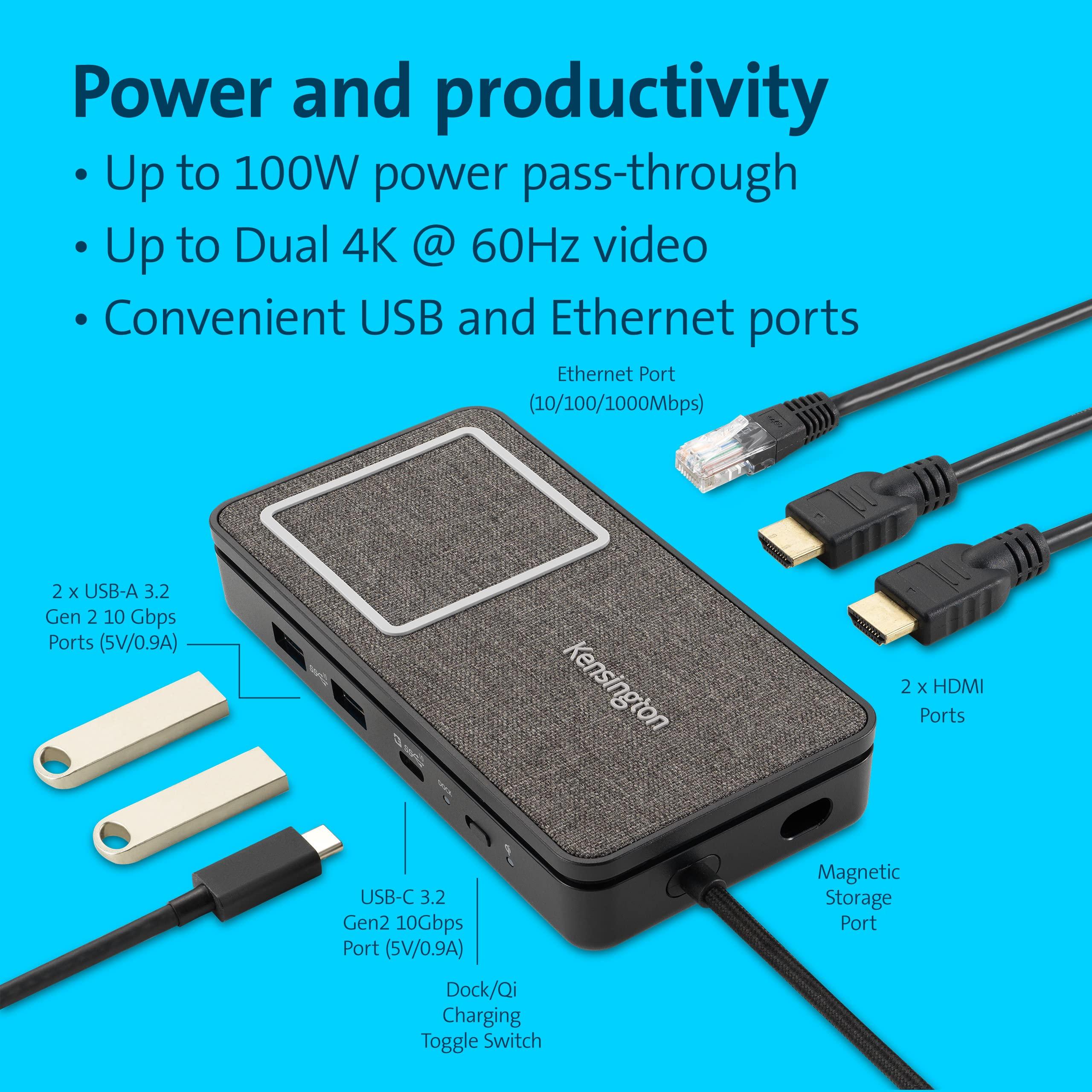 Kensington Kensington USB-C Hub with Qi Charging, Dual HDMI 4K@60Hz, 100W PD Pass Through Charging, 1Gbps Ethernet Port, Compatible with MacBook, iPad, HP, Lenovo Laptops (K32800WW) Black