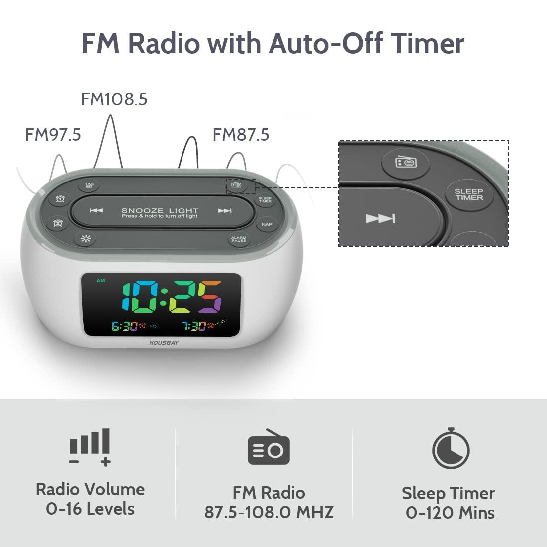 HOUSBAY HOUSBAY Glow Small Colorful Alarm Clock Radio with Rainbow Digit, 7 Color Night Light with ON/Off Options, Dual Alarm, Dimmer, FM Radio with SleepTimer for Bedrooms