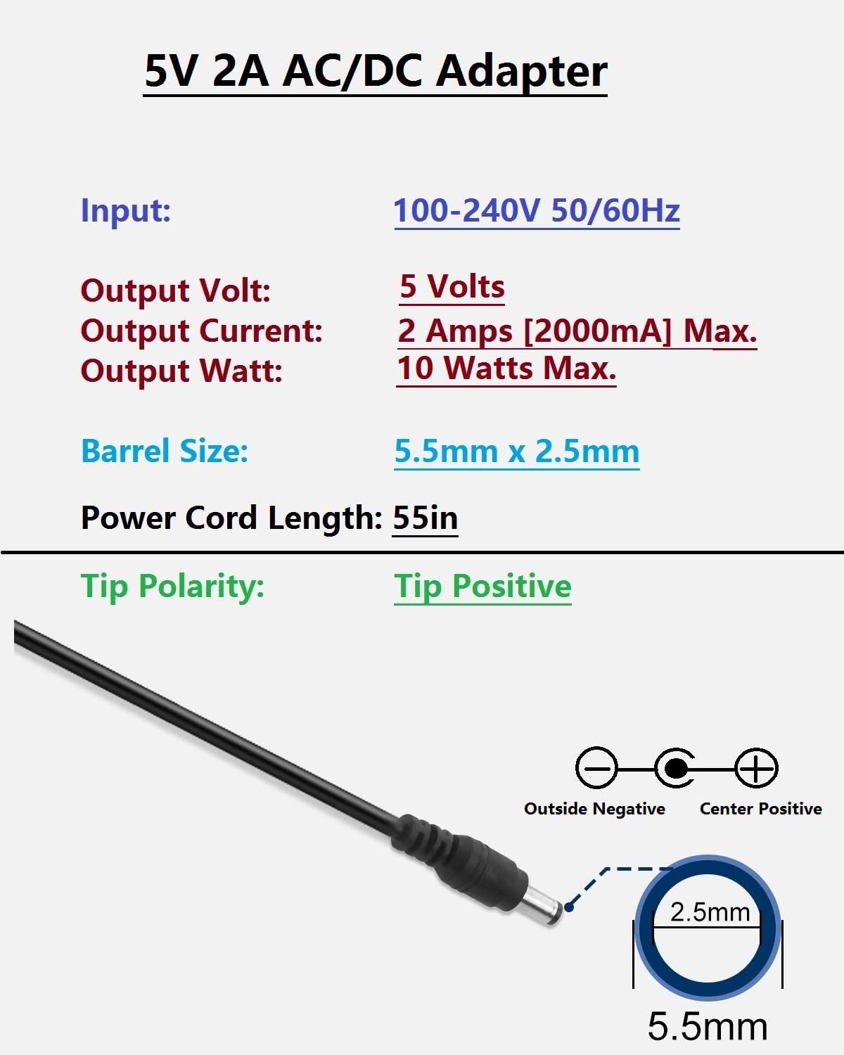 Arybroourd 5V 2A Power Supply 2000mA AC Adapter, AC to DC 5V 2A Power Adapter Cord, 5.5mm x 2.5mm Barrel Plug, 5 Volt 2 Amp Transformer