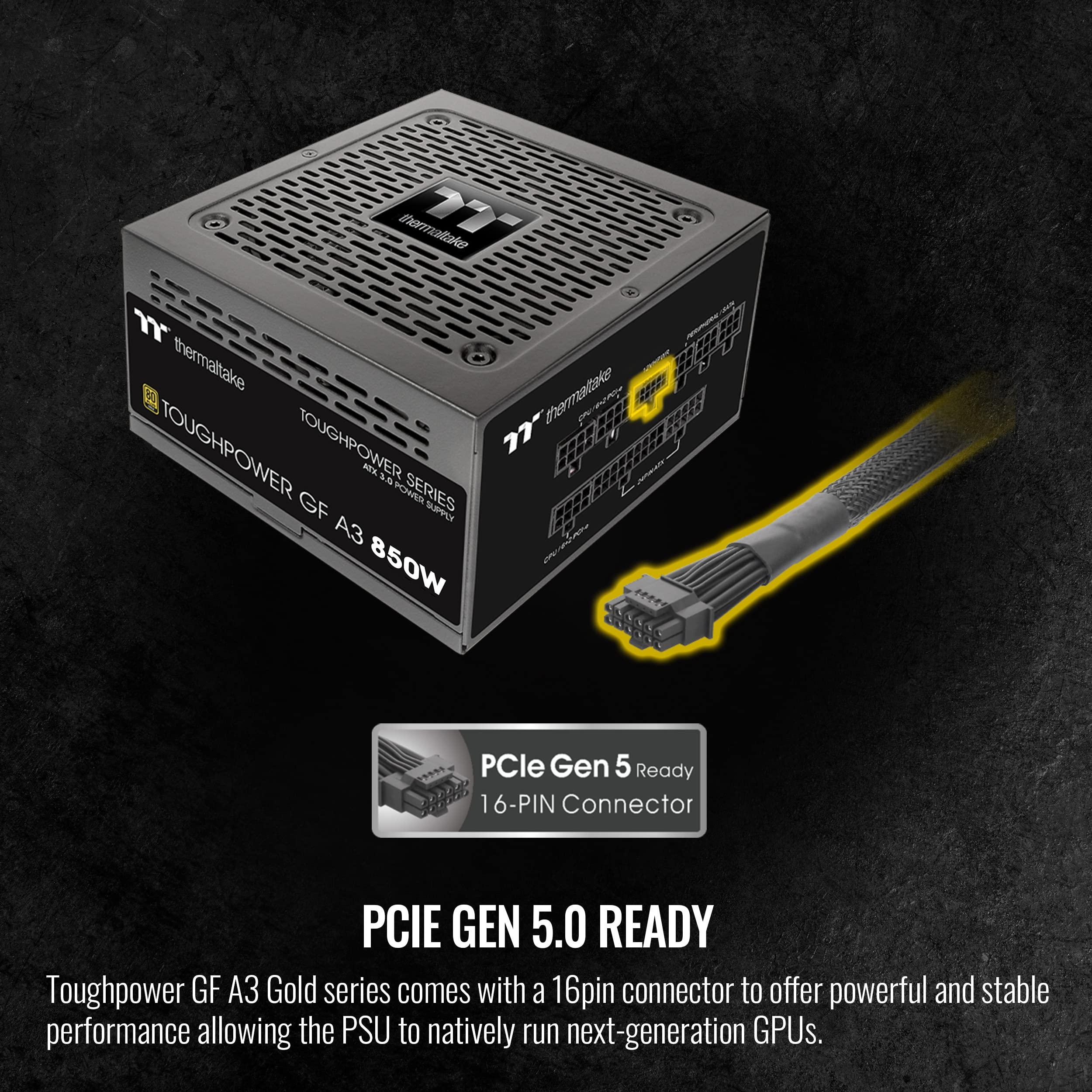 Thermaltake Thermaltake Toughpower GF A3 850W, True 450W 12VHPWR Connectors on PSU & NVIDIA RTX 40 Series, ATX 3.0/PCI-E 5.0, 80+ Gold, SLI/Crossfire Ready Power Supply, PS-TPD-0850FNFAGU-L, 10 Year Warranty