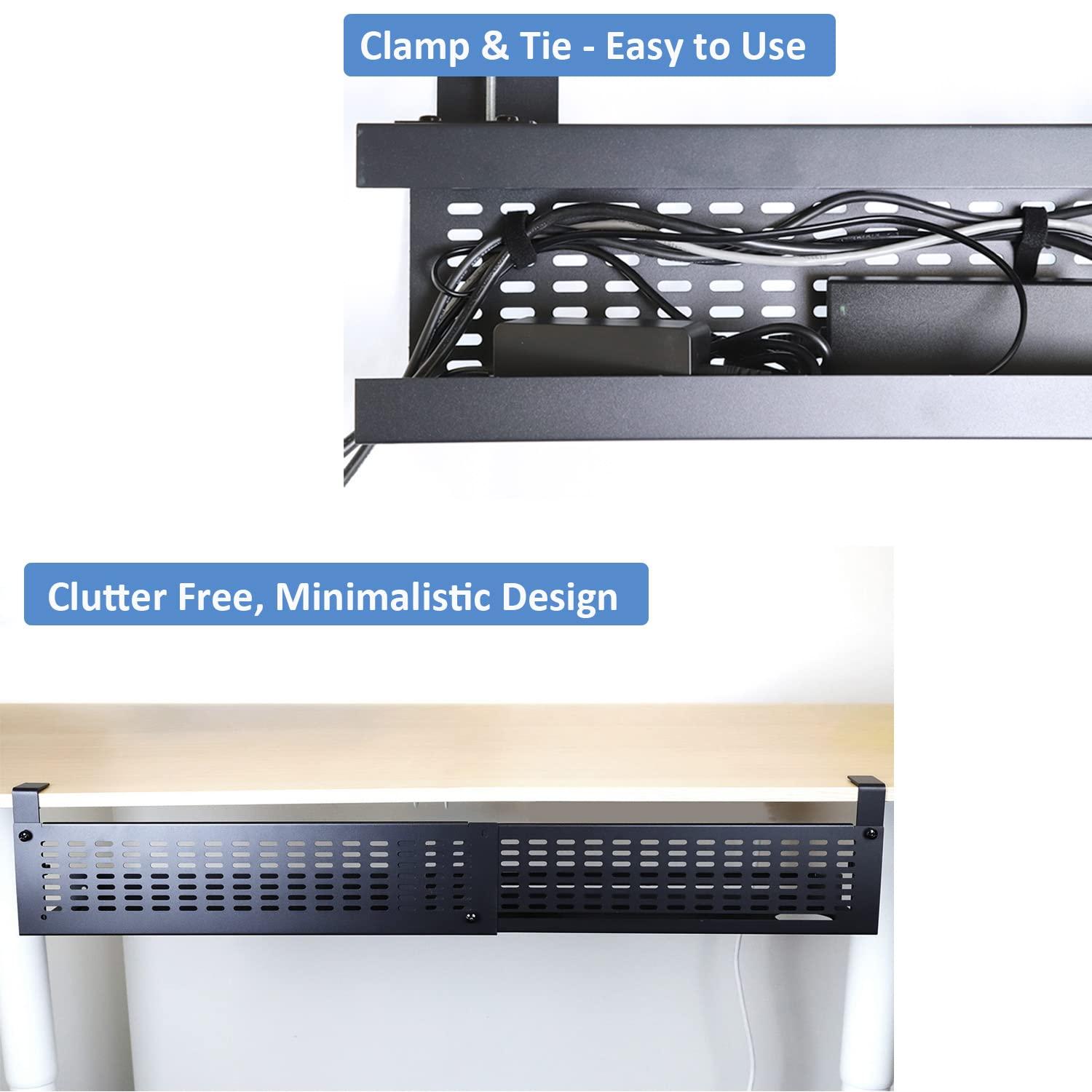 AEONS AEONS Under Desk Cable Management Tray Kit - Horizontal Adjustable up tp 41 Desk Organizer Removable C Clamp Mount Reversiable Computer Cord Raceway and Modesty Panel for Large Desk, Black