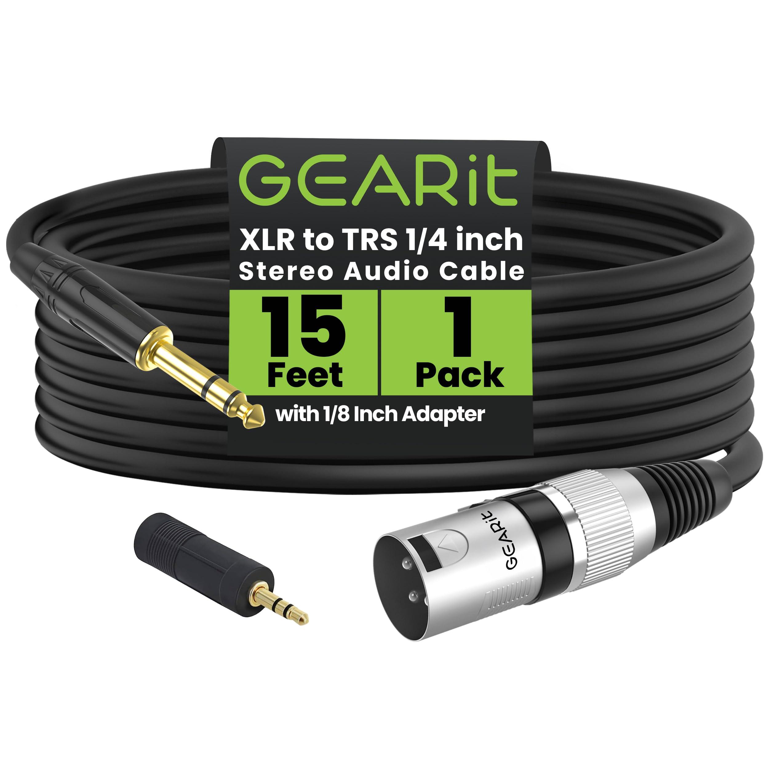GearIT GearIT XLR Male to TRS Male 1/4 inch 6.35mm (TRS to XLR Male Cable) 15 Feet - with 1/8 inch 3.5mm Adapter