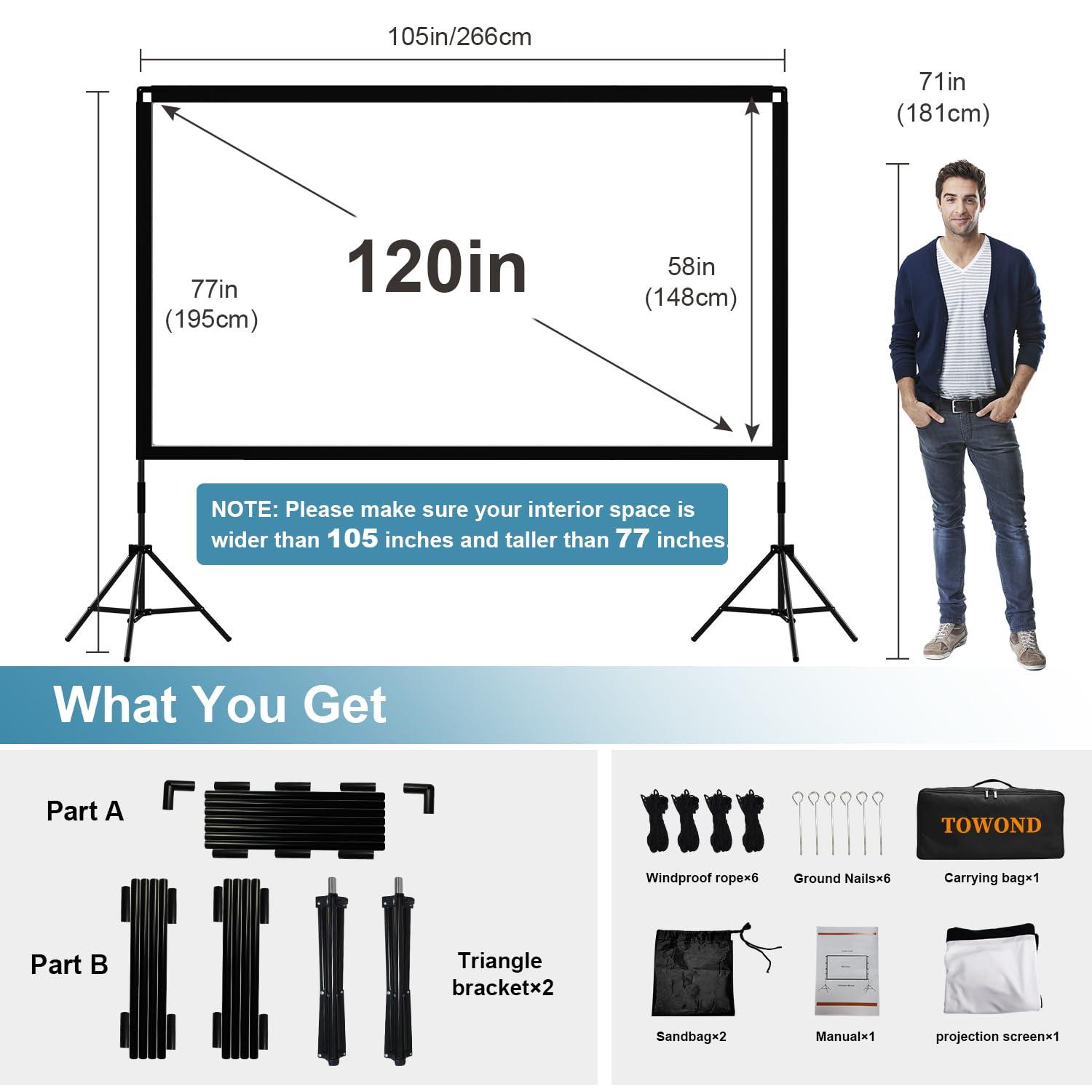 TOWOND Projector and Screen Outdoor Combo, Towond 120 inch Projection Screen with Stand Wrinkle-Free Foldable with Carry Bag, Mini Projector with Android TV 11.0 1080P Movie Projector with WiFi and Bluetooth