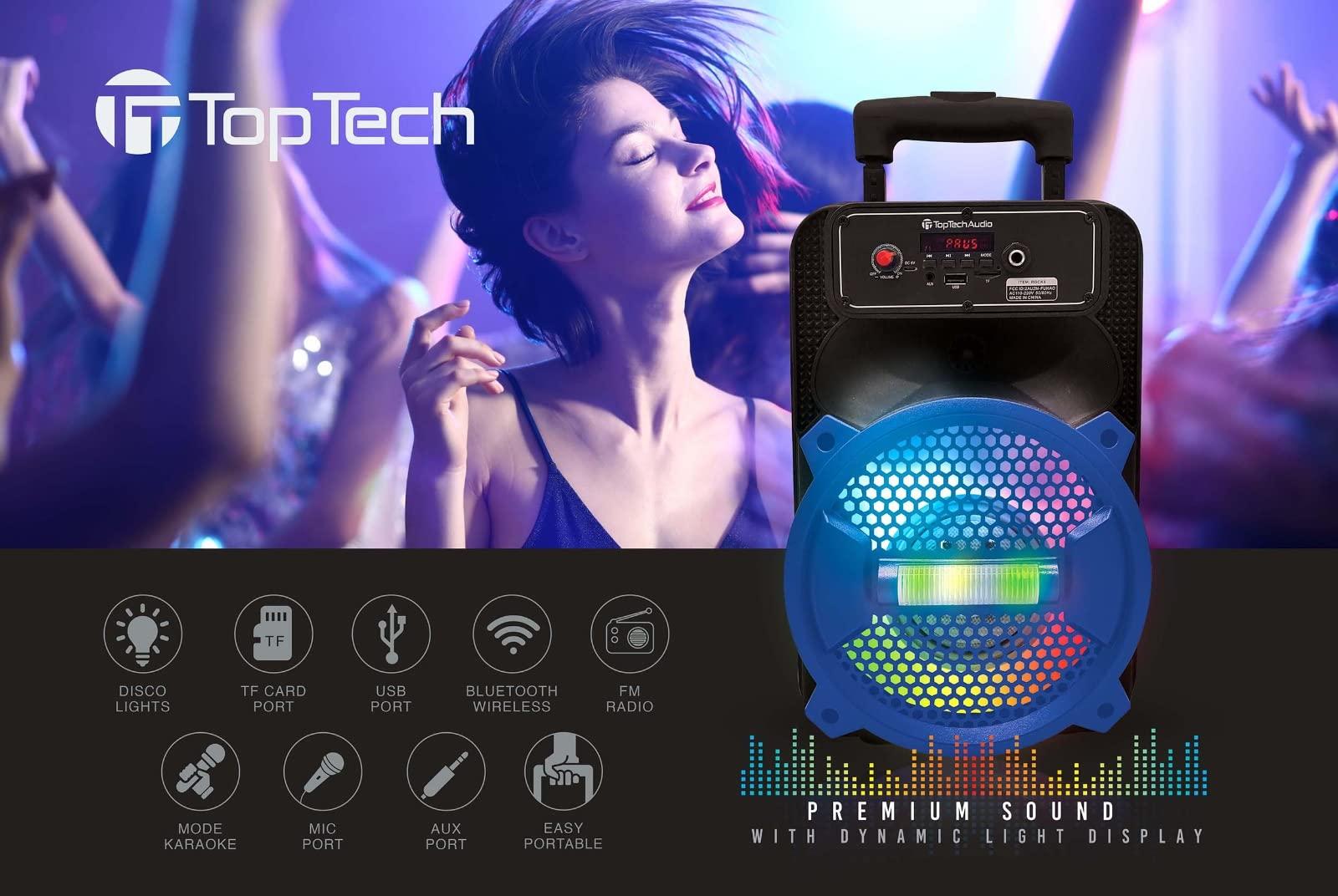 TOPTECH Top Tech Rock-8 Fully Amplified 1500W Portable Bluetooth Speaker, 8-Inch Woofer, LED Lights, 5-Hr Rechargeable Battery, USB, TF Card, FM Radio, AUX Inputs, Wired Microphone for Karaoke, Blue