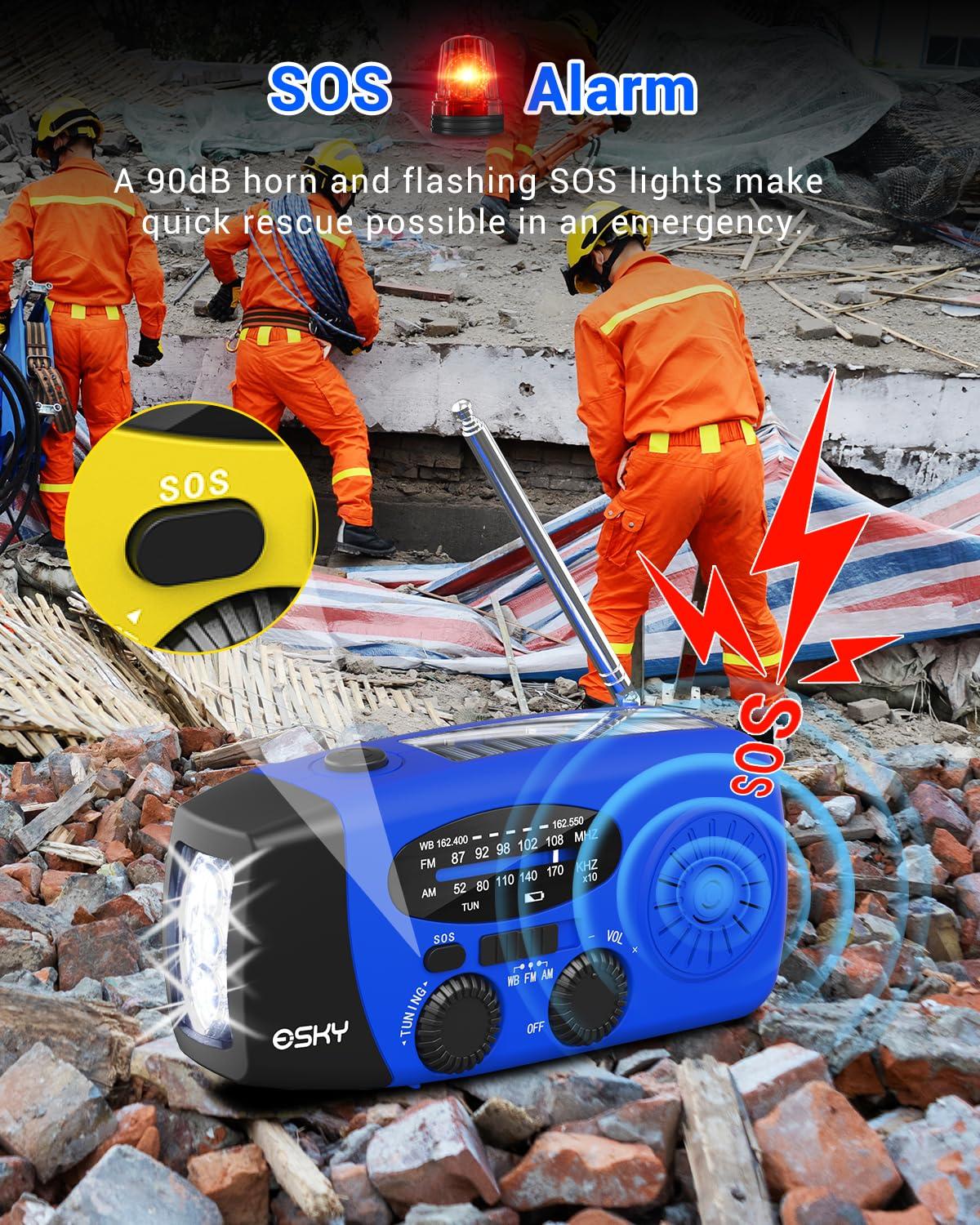 Esky Esky Emergency Hand Crank Radio with 3 LED Flashlight, AM/FM/NOAA Portable Weather Radio with 2000mAh Power Bank Phone Charger, Solar Powered USB Rechargeable Radio for Indoor Outdoor Camping, Blue