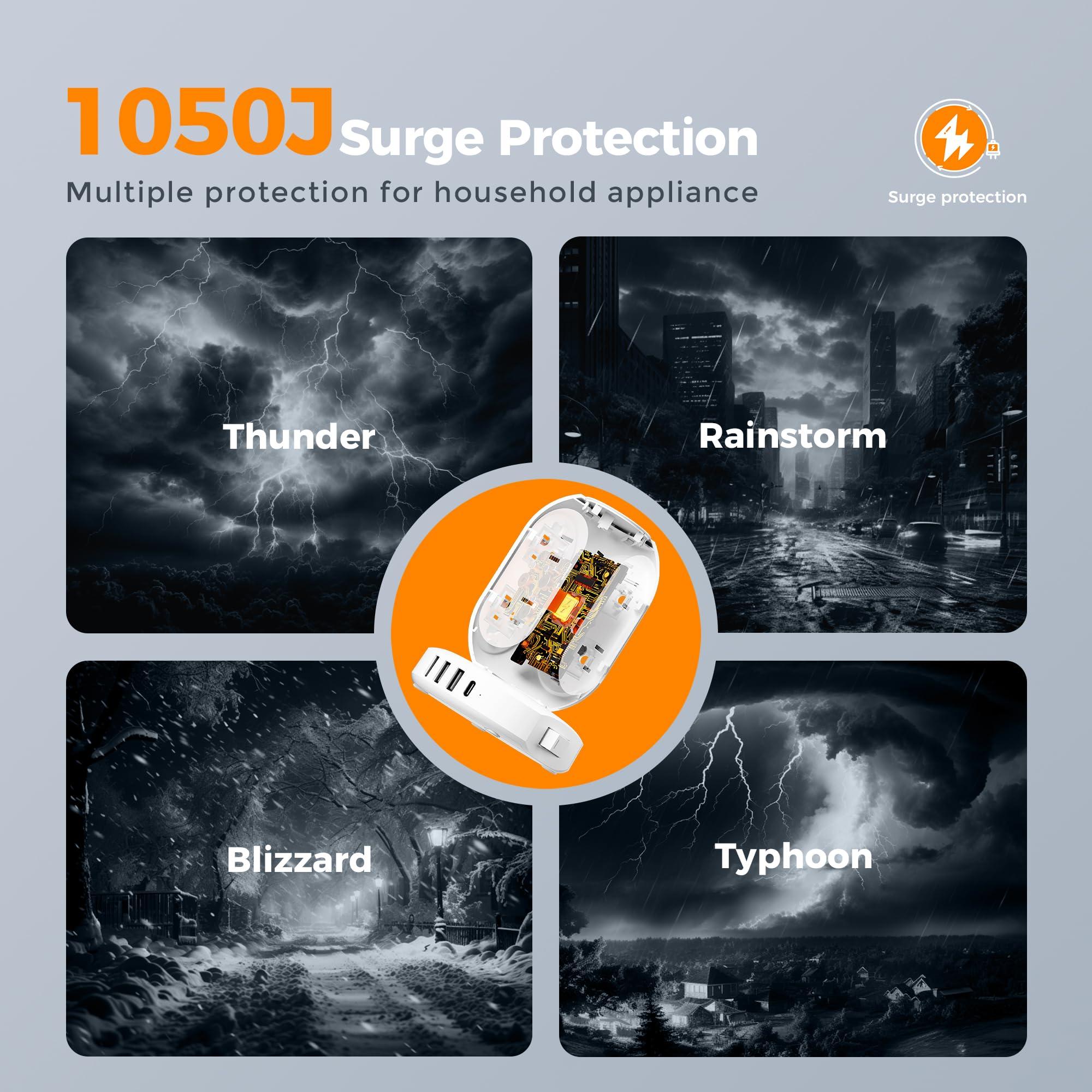 TESSAN Surge Protector Power Strip Tower, TESSAN Flat Plug Extension Cord 10FT with 8 AC Outlets 4 USB Ports (1 USB C), 1050J Protection Charging Station for Home, Office Supplies, Dorm Room Essentials