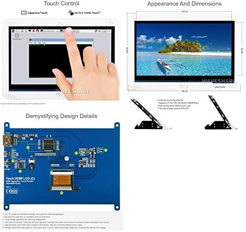 waveshare waveshare 7inch Capacitive Touch Screen LCD with Bicolor Case Compatible with Raspberry Pi 4B/3B+/3A+/2B/B+/A+/Zero/Zero W/WH/Zero 2W CM3+/4 1024×600 Resolution HDMI IPS Supports Windows