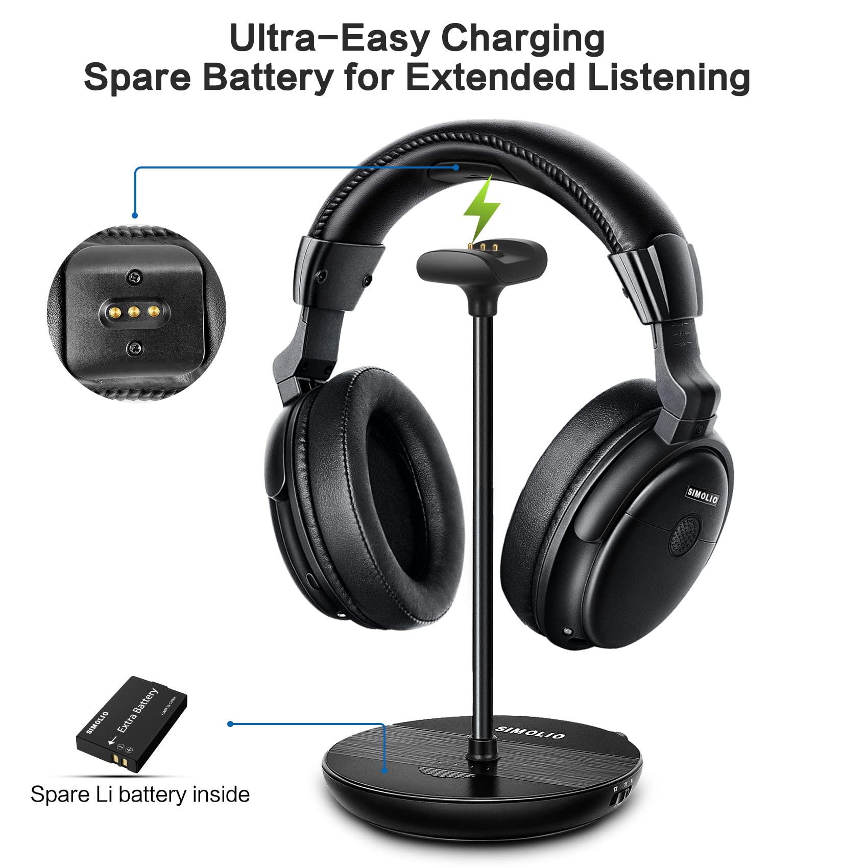 SIMOLIO SIMOLIO Wireless Headphones for TV with Clear Dialog Mode, Boosted Volume & Spare Battery for Seniors, Comfortable TV Watching w/L/R Balance, by-Pass, Charging/Transmitter Stand 2-in-1, No Pairing